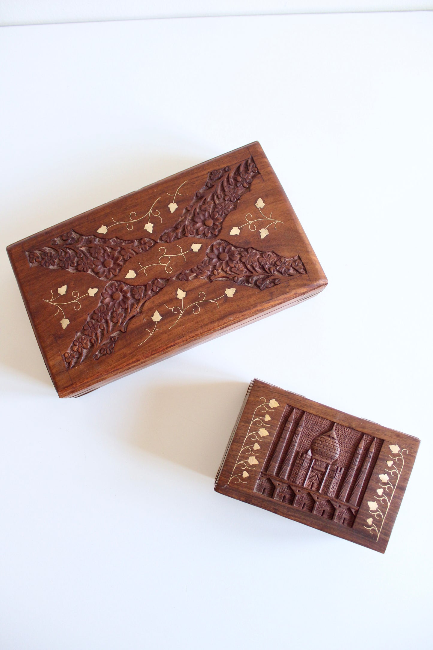 Vintage Hand-Carved Wooden Keepsake Box with Floral Inlay