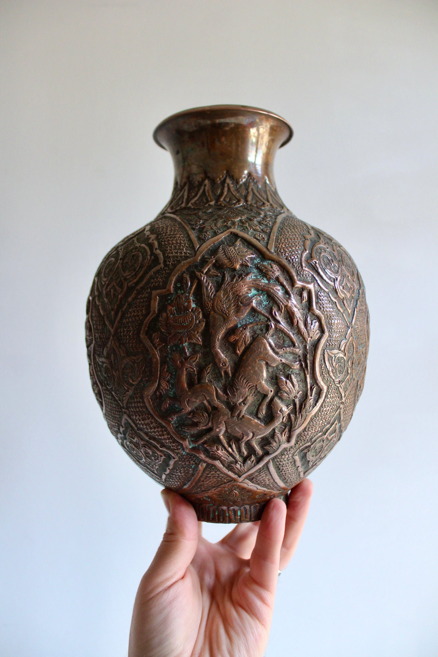 Hand-Engraved Persian Copper Vase – Repoussé Wildlife & Floral Design