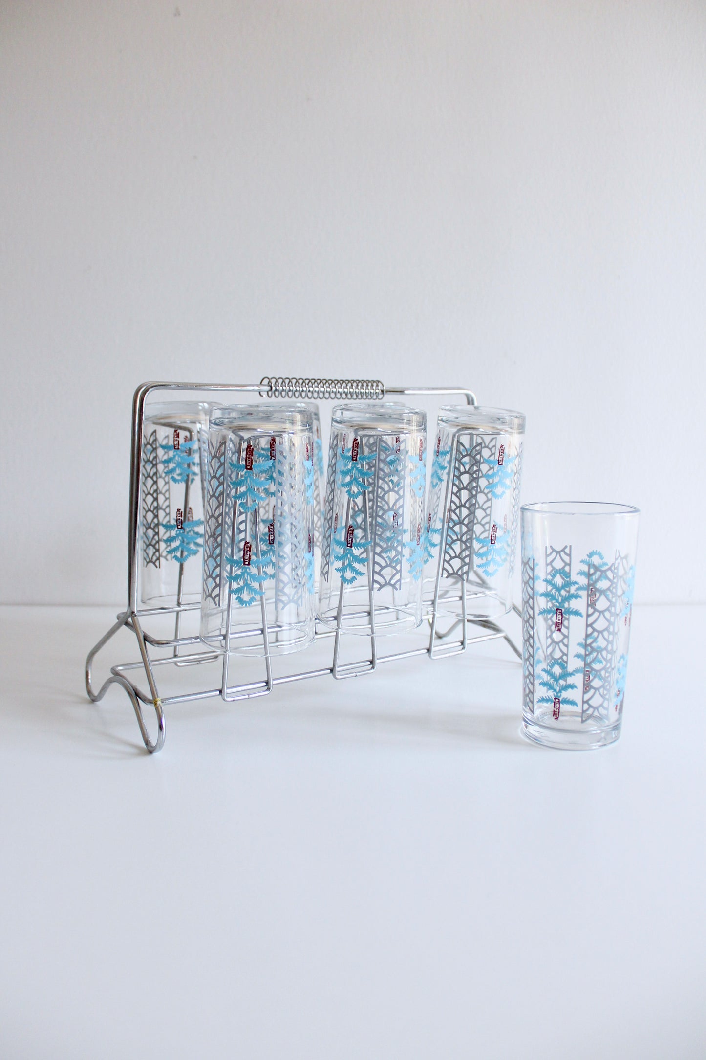 Vintage KSA Palm Tree Glasses Set – 7 Saudi Tea & Juice Glasses with Original Chrome Stand
