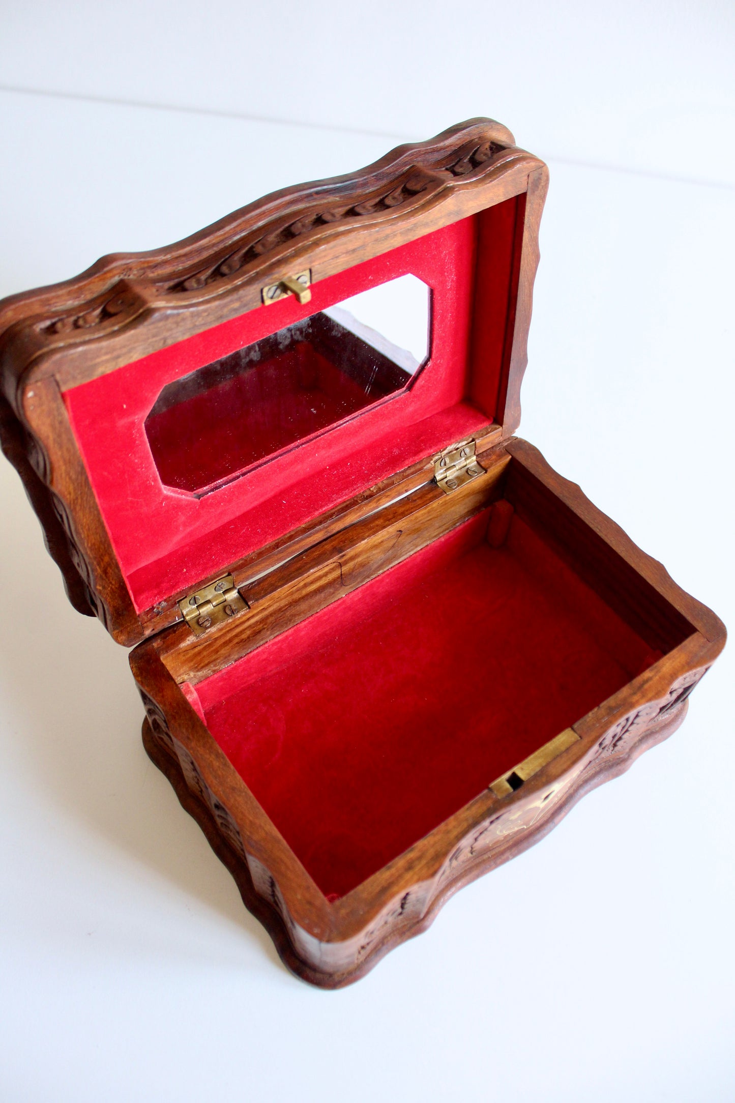 Hand-Carved Wooden Jewelry Box with Mirror