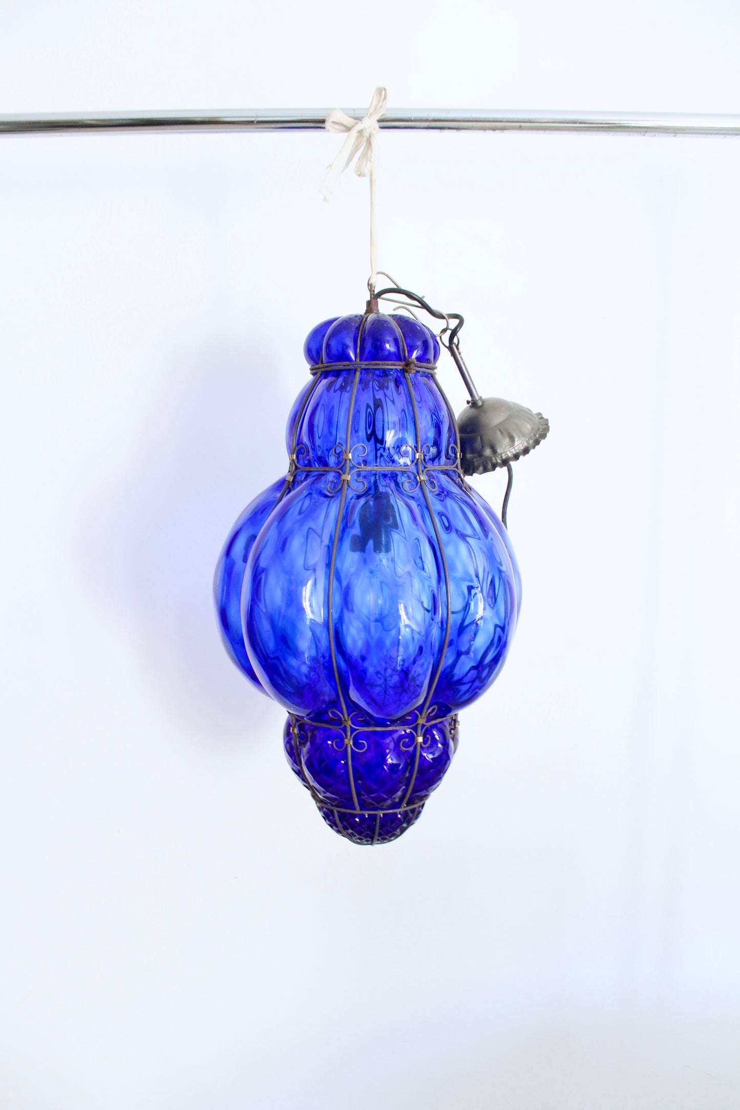 Large Vintage Venetian-Style Blue Blown Art Glass Hanging Lantern