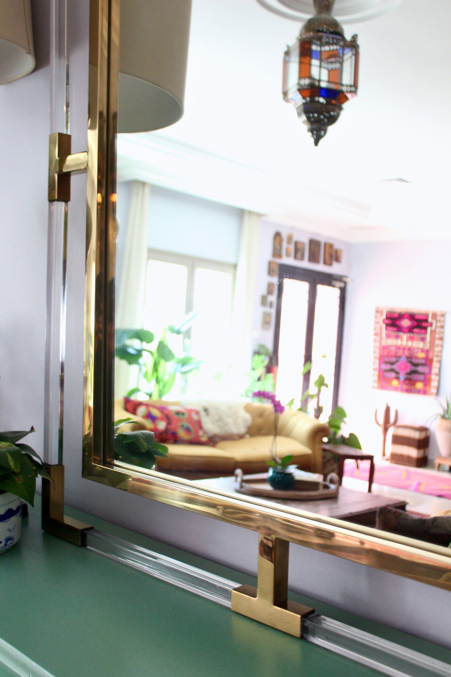 Vintage Brass & Lucite Statement Wall Mirror - 90 × 110 cm