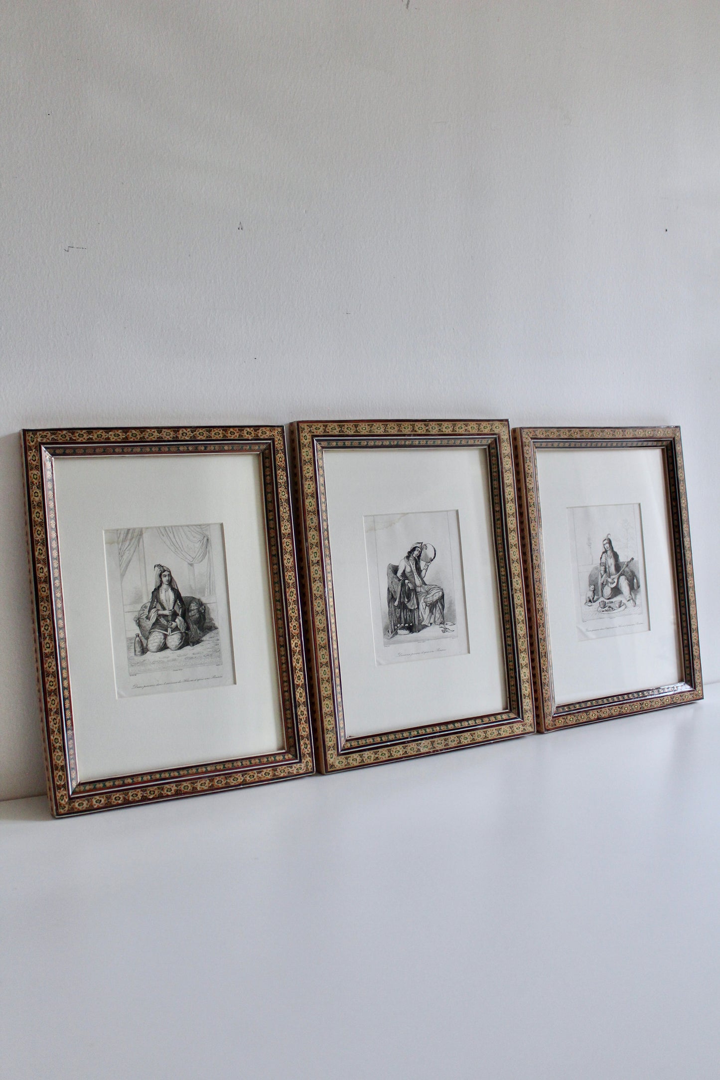 Set of Three Antique 1841 Persian Lady Engravings in Vintage Khatam Kari Frames