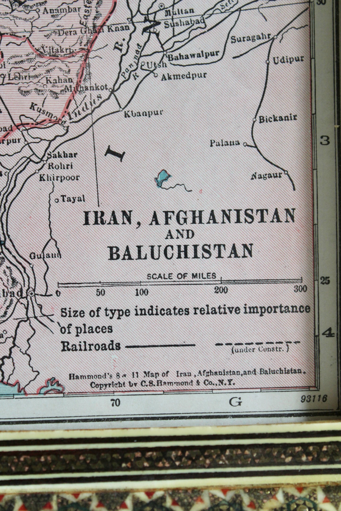 Vintage 1936 Map of Iran, Afghanistan and Baluchistan in Khatam Kari Frame