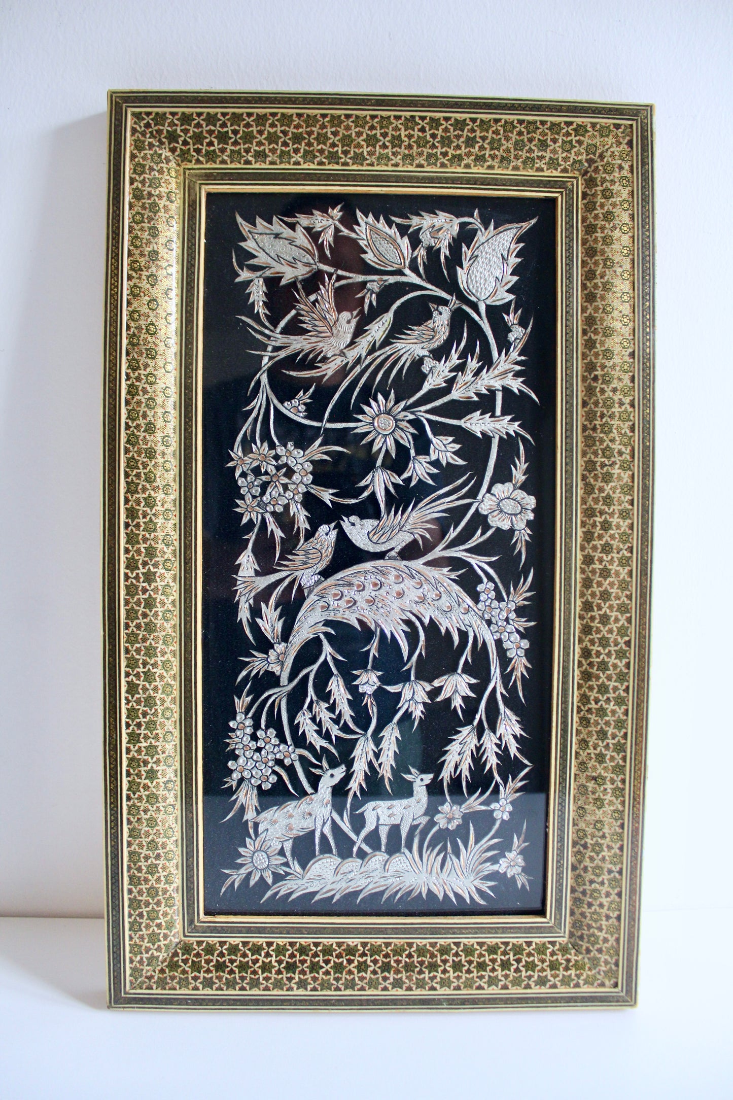 Vintage Persian Khatam Kari Metalwork Garden Panel