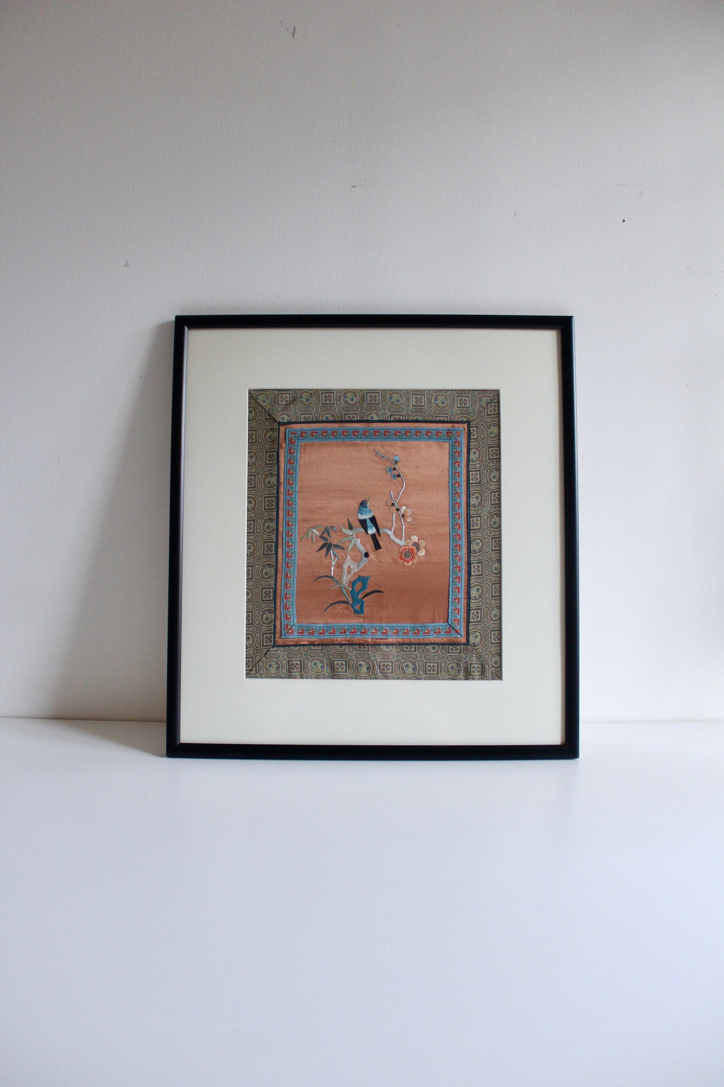 Vintage Chinese Silk Embroidery with Bird & Blossoms