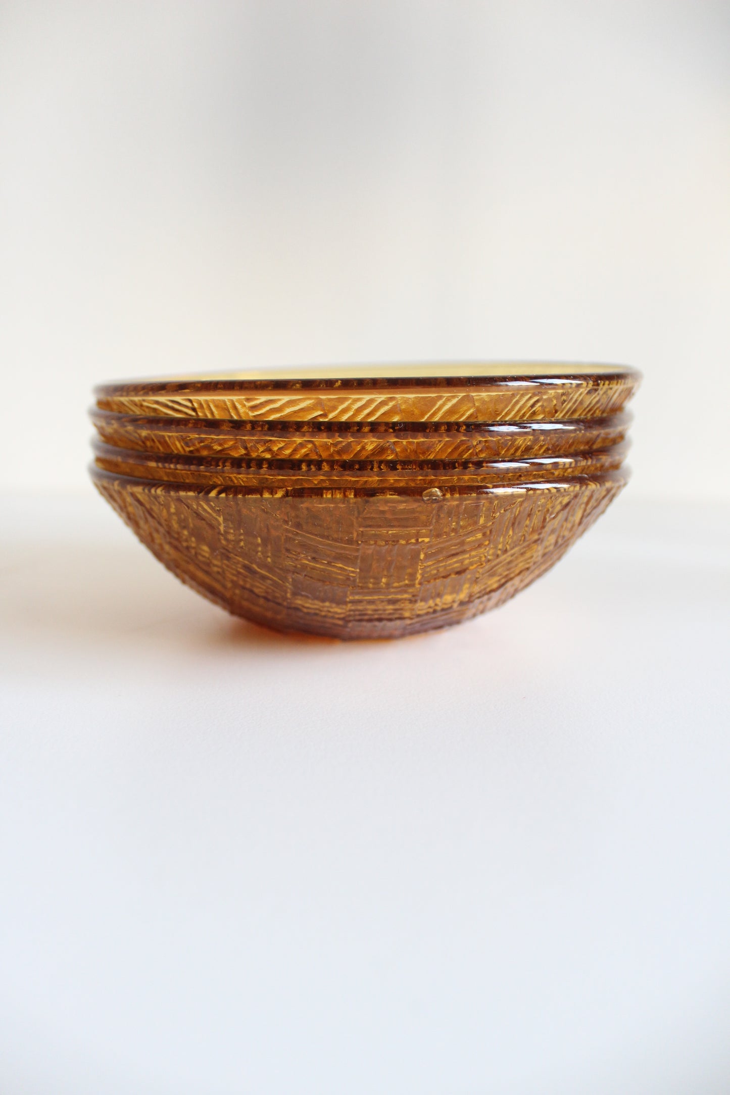 Set of Four Vintage French Amber Basketweave Glass Bowls