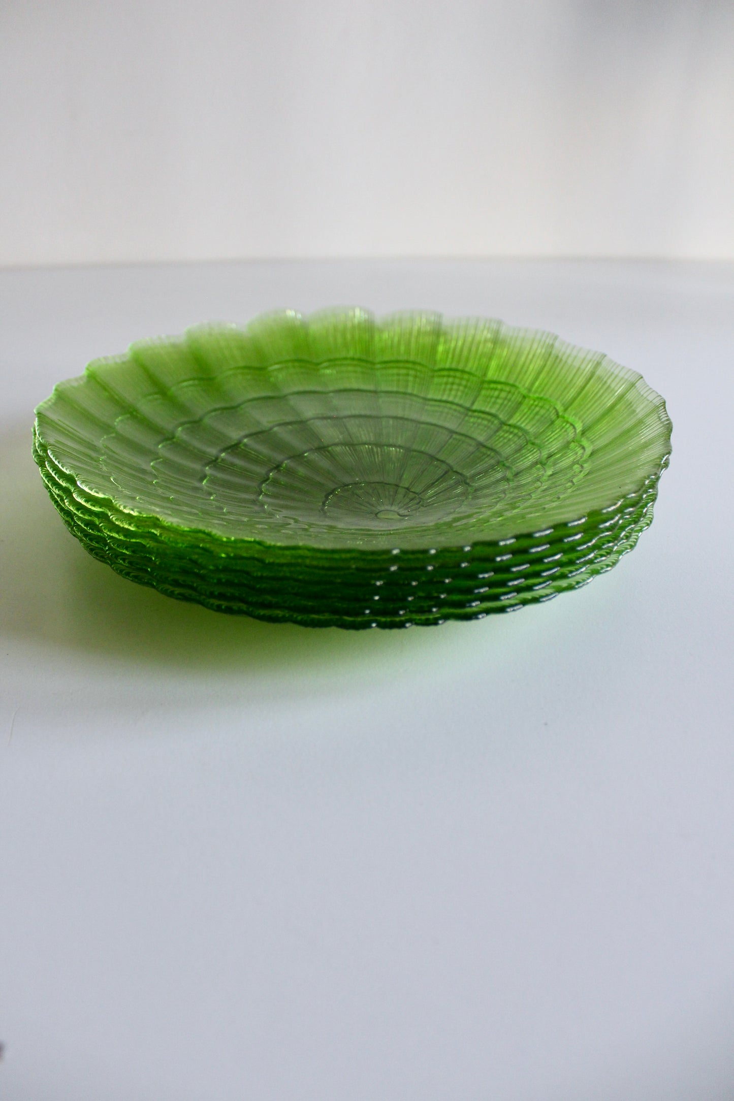 Set of Six Vintage Green Pressed-Glass Shell Plates