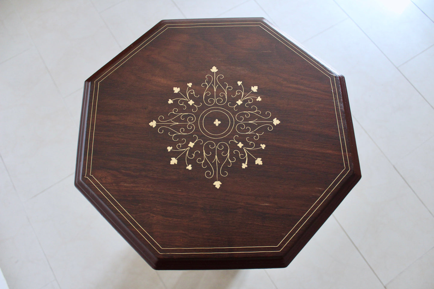 Vintage Octagonal Pierced-Wood Plant Stand with Brass Inlay