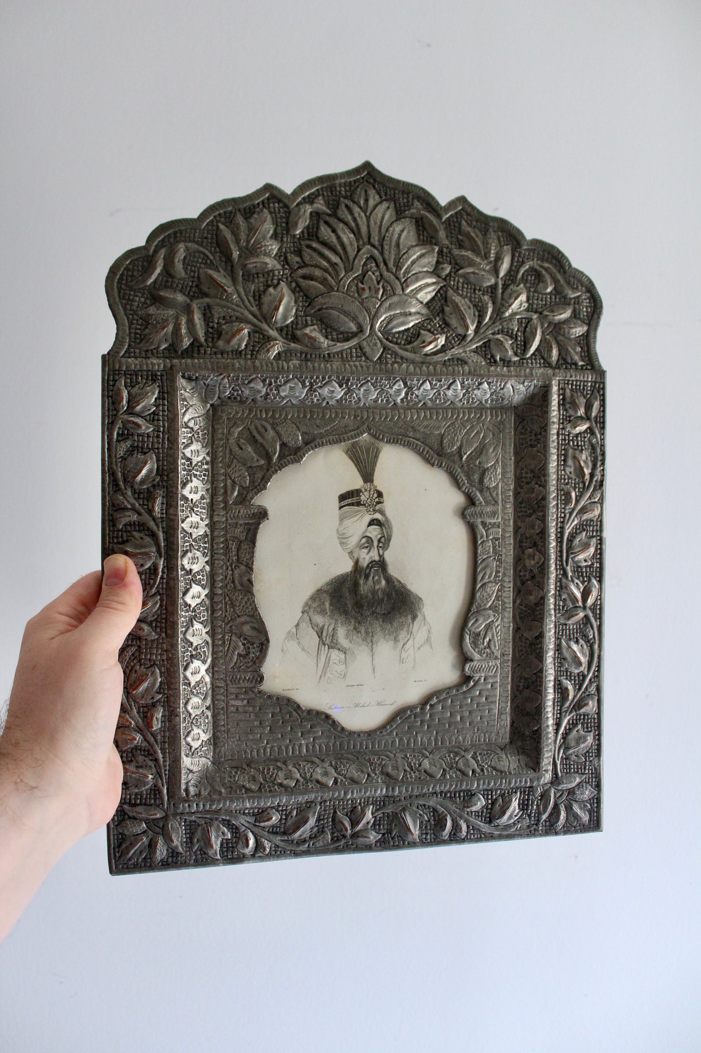 Antique c.1840 Engraved Portrait of Ottoman Sultan Abdülhamid I in Persian Silver-Plated Frame