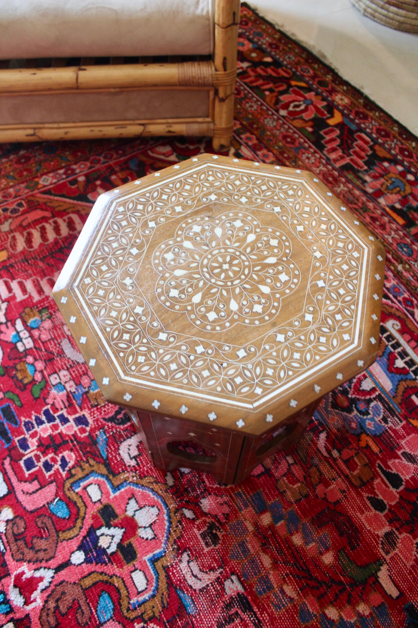 Vintage Octagonal Wood & Bone Inlay Folding Side Table