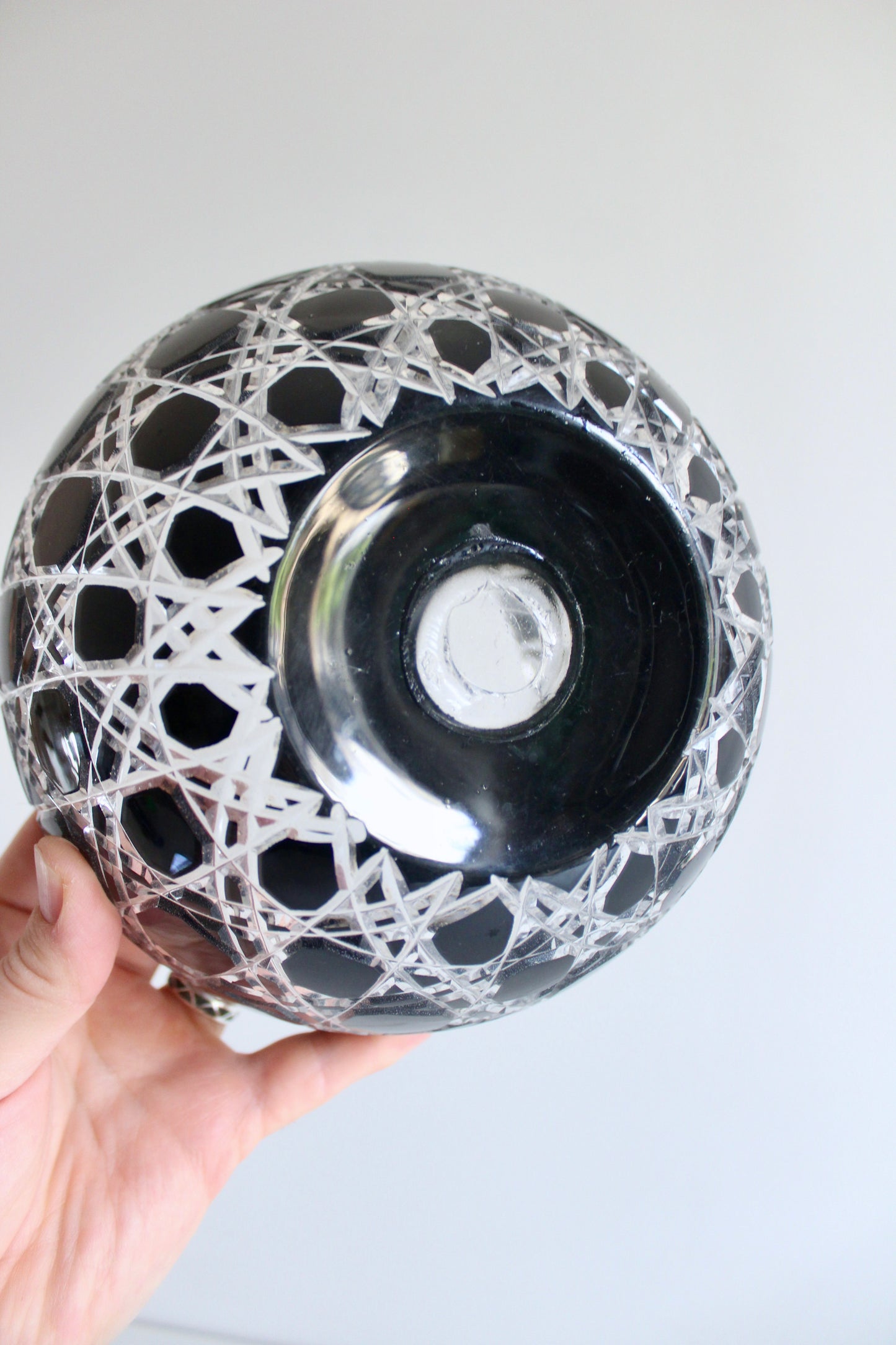 Vintage Bohemian Black Cut-to-Clear Crystal Bowl – c. 1970s