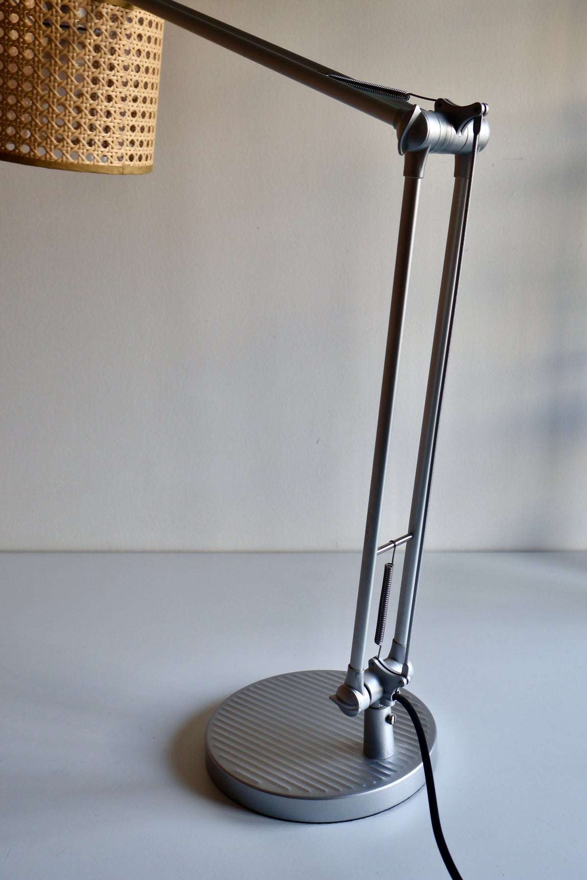 Vintage Adjustable Task Lamp with Woven Cane Shade | c. 1990s–2000s