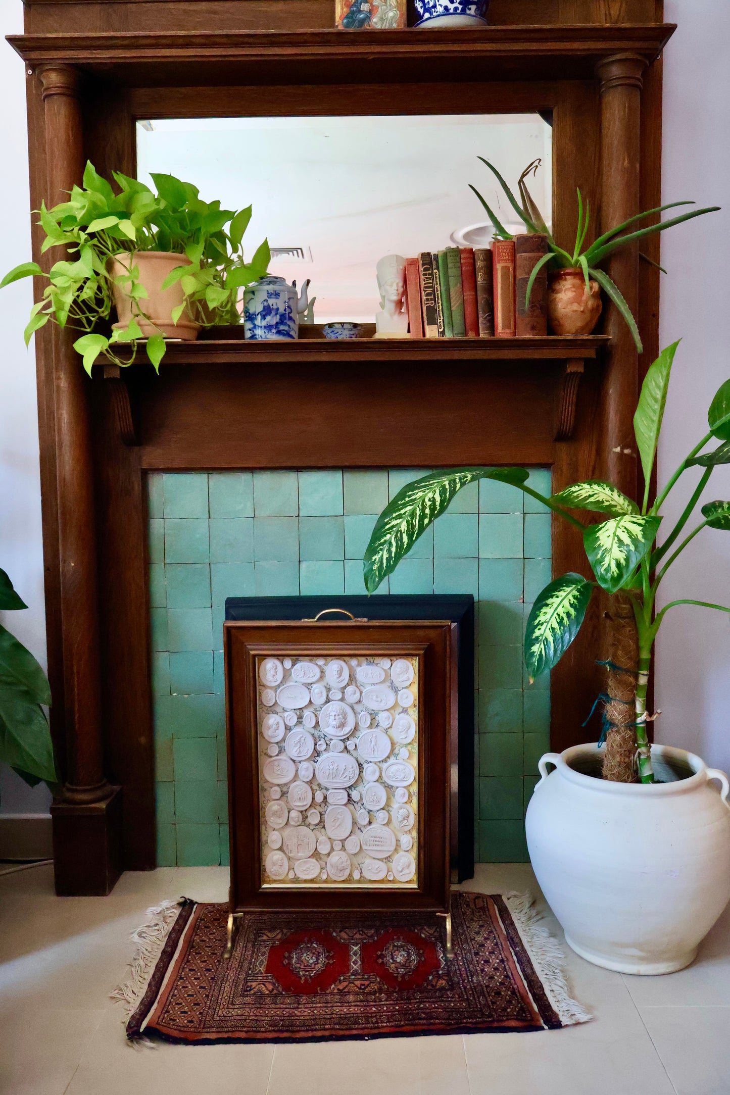Vintage Grand Tour-Style Plaster Intaglio Collection in Mahogany & Brass Display Frame