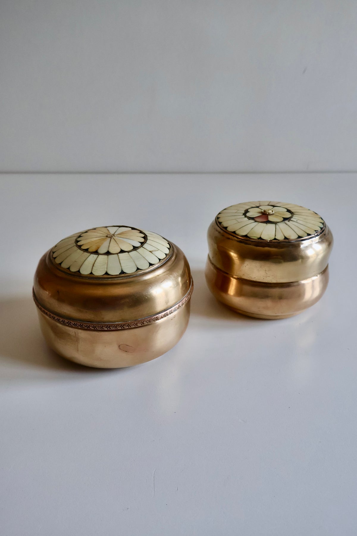 Vintage Indian Brass & Bone Inlay Boxes – Set of 2