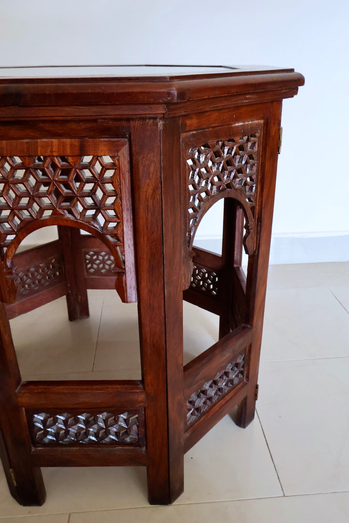 Vintage Indian Carved Wood Octagonal Side Table