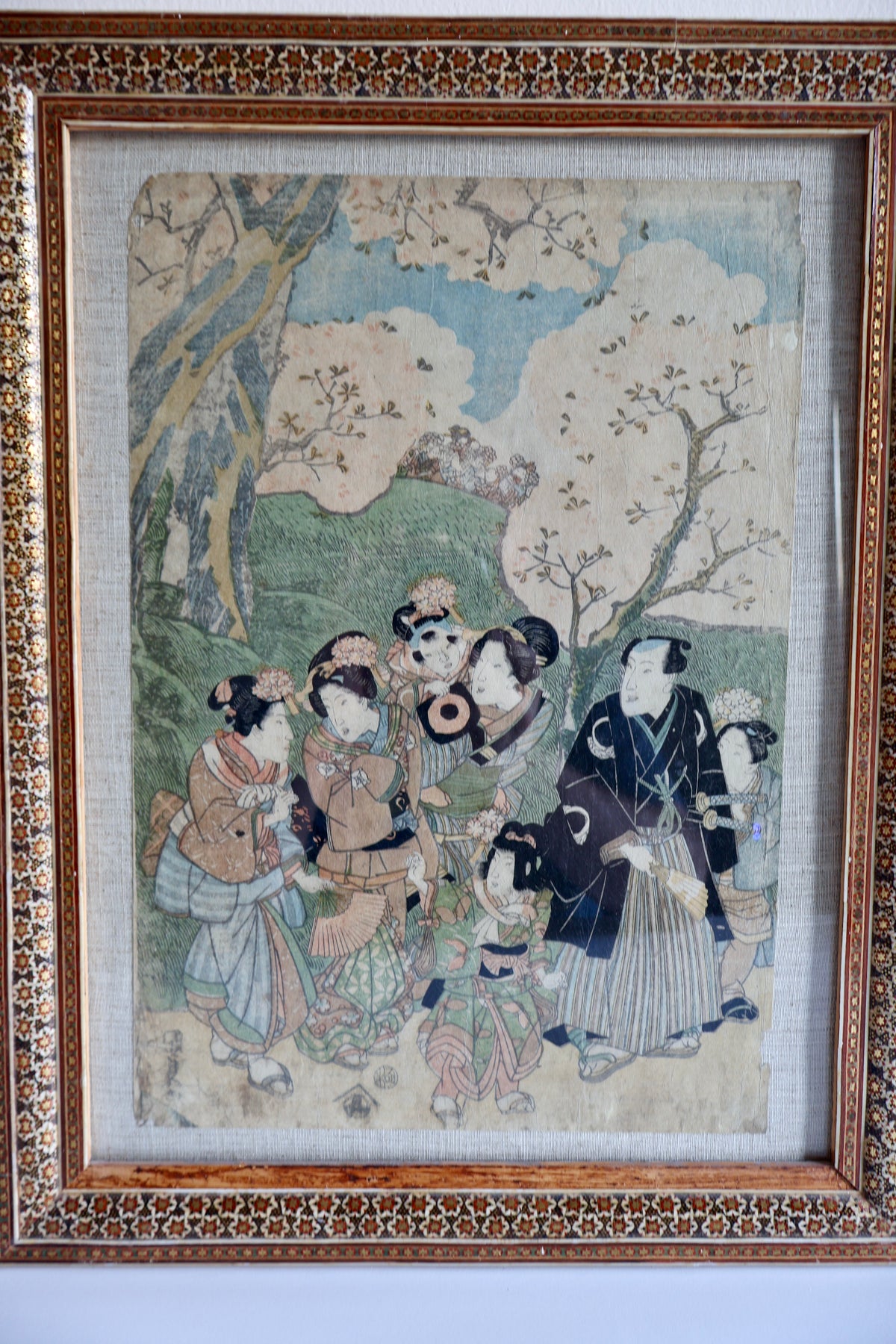 Utagawa Kunisada Woodblock Print Diptych in Vintage Khatam Kari Frames