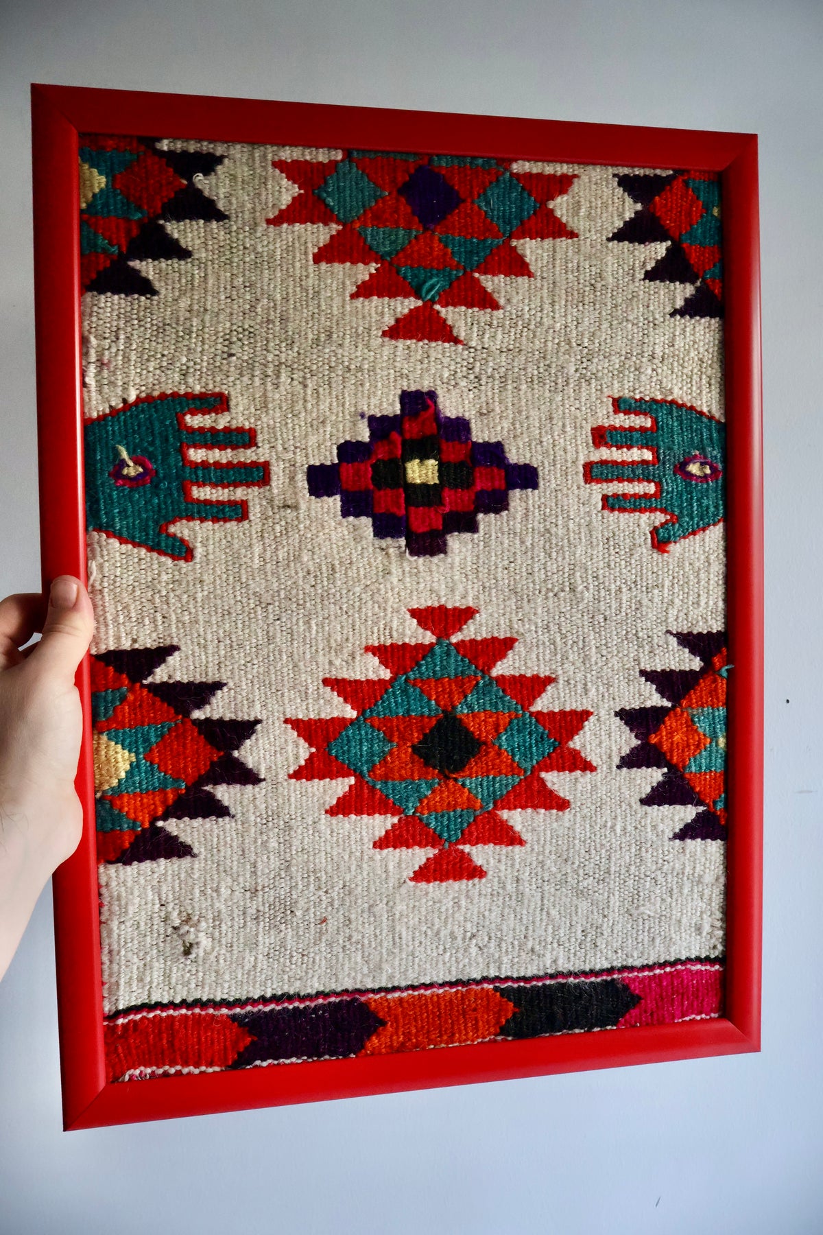 Vintage Framed Sadu Weaving with Hand Motifs 40 × 53 cm