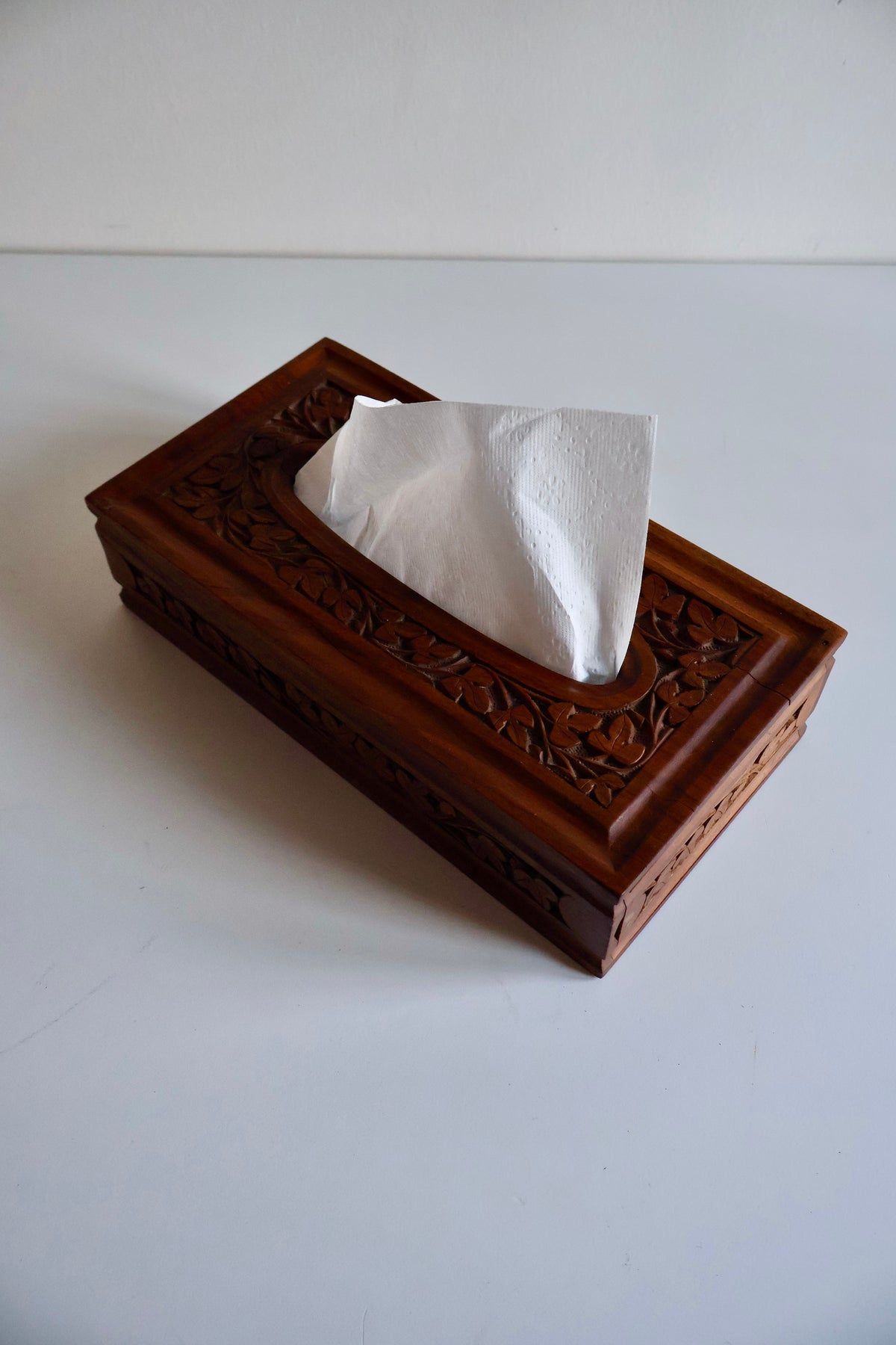 Vintage Hand-Carved Wooden Tissue Box Cover