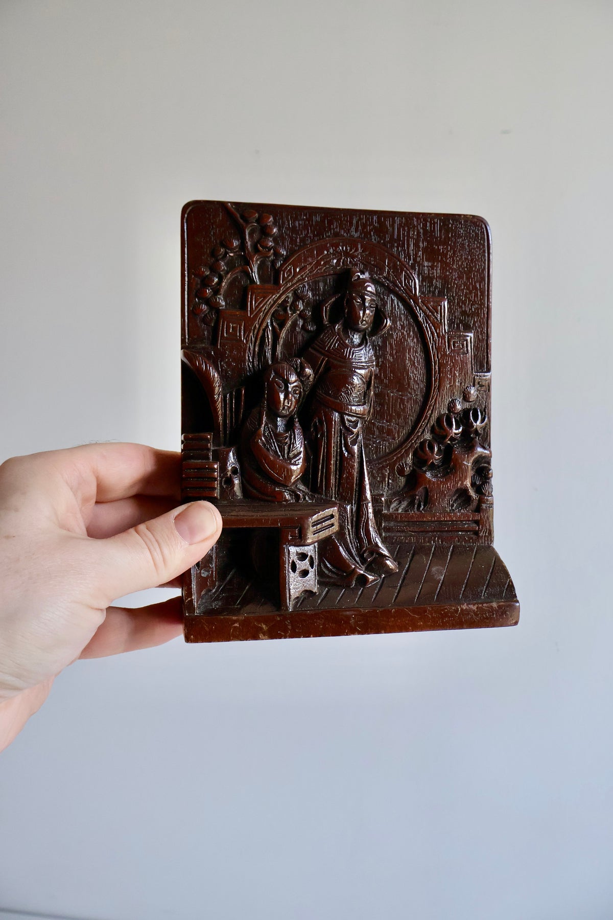 Vintage Chinese Carved Wood Bookend with Brass Dragon Base