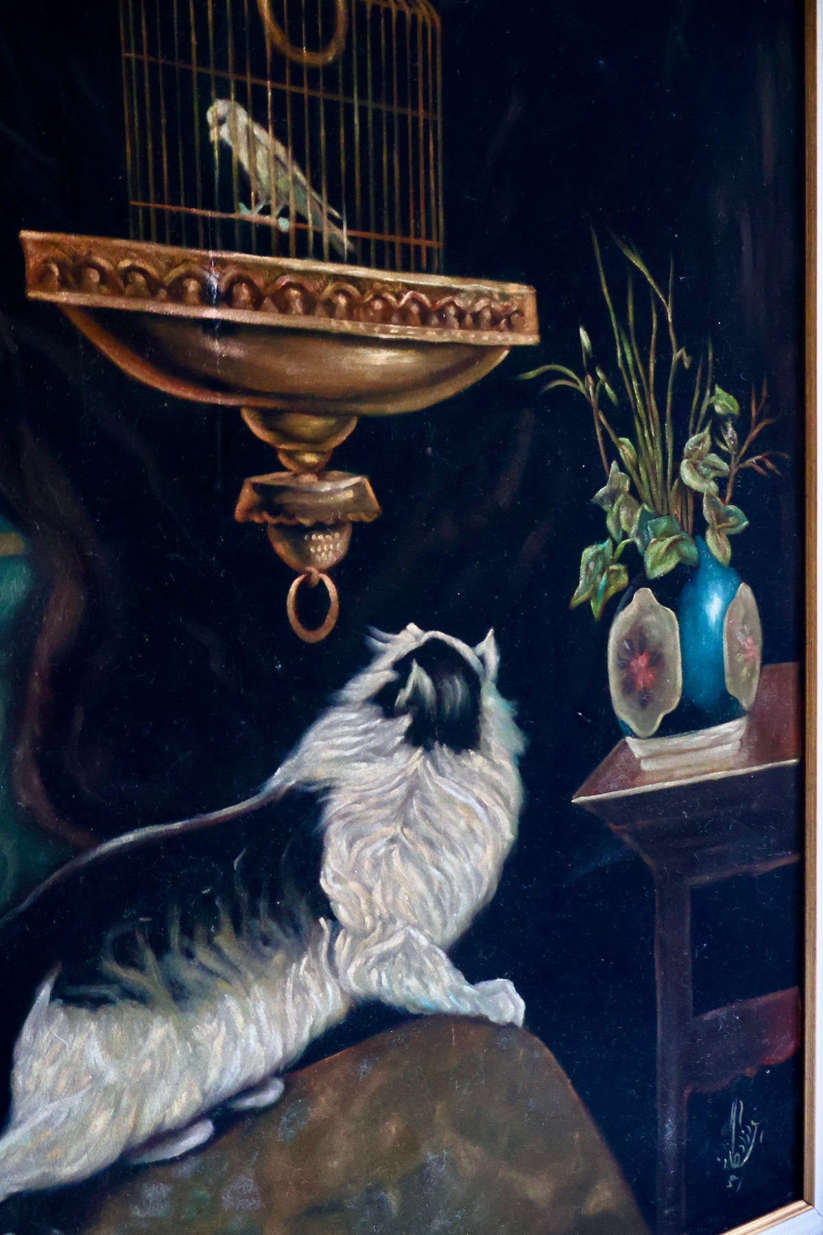 Vintage Framed Cat & Birdcage Painting – 79 x 99cm