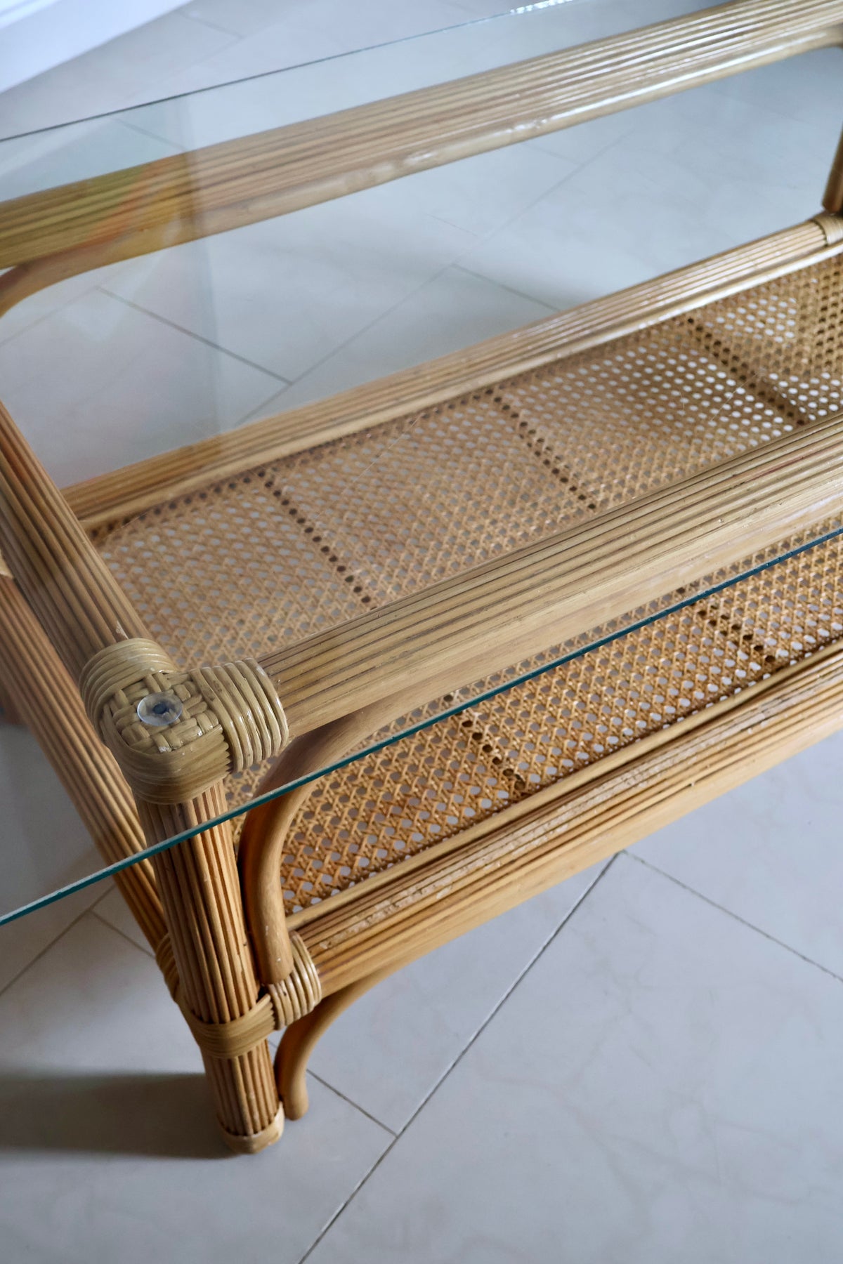 Vintage Rattan & Cane Coffee Table with Glass Top – 120 x 60 x 46cm