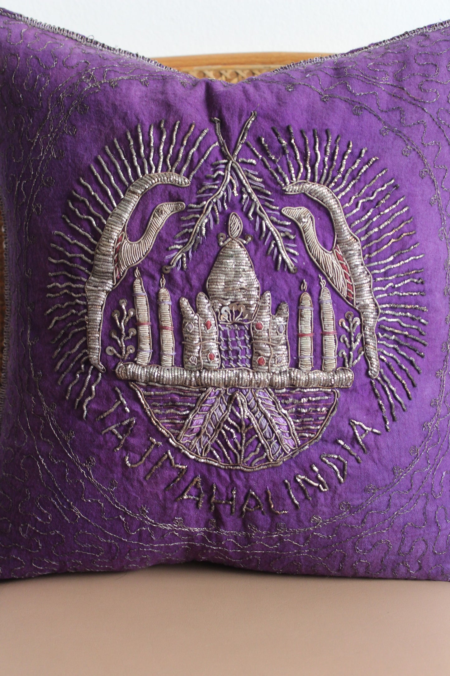 1940s Taj Mahal Silver Embroidered Indian Pillow
