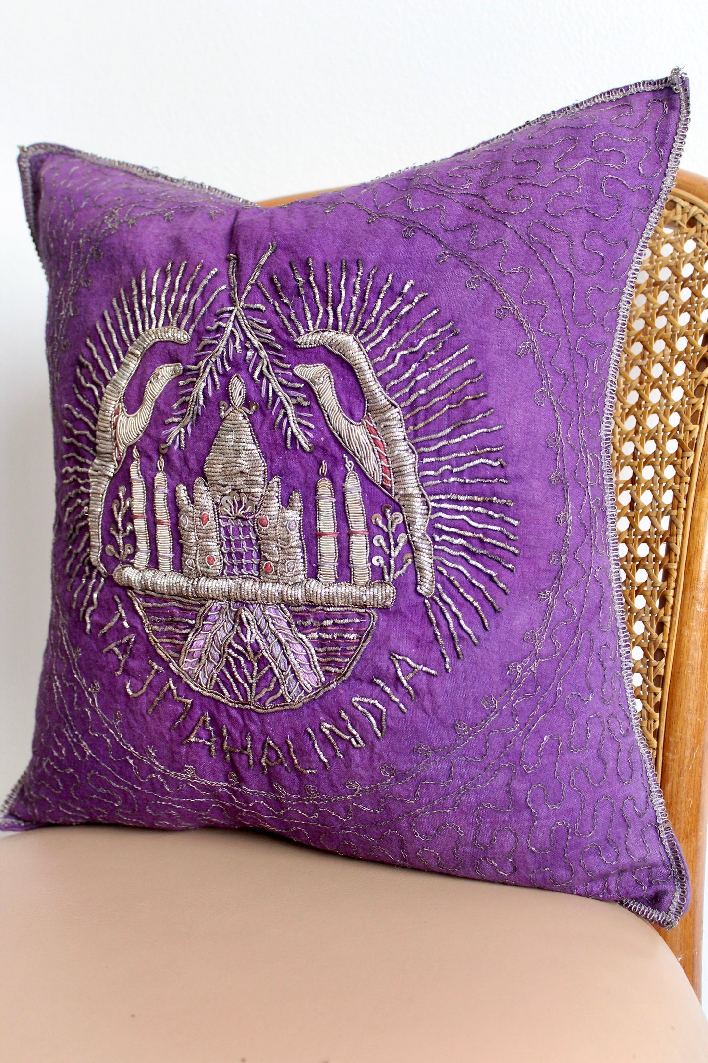 1940s Taj Mahal Silver Embroidered Indian Pillow