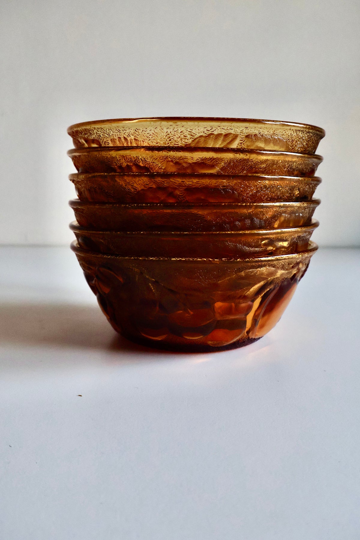 Vintage Amber Pressed Glass Fruit Bowls – Set of 6