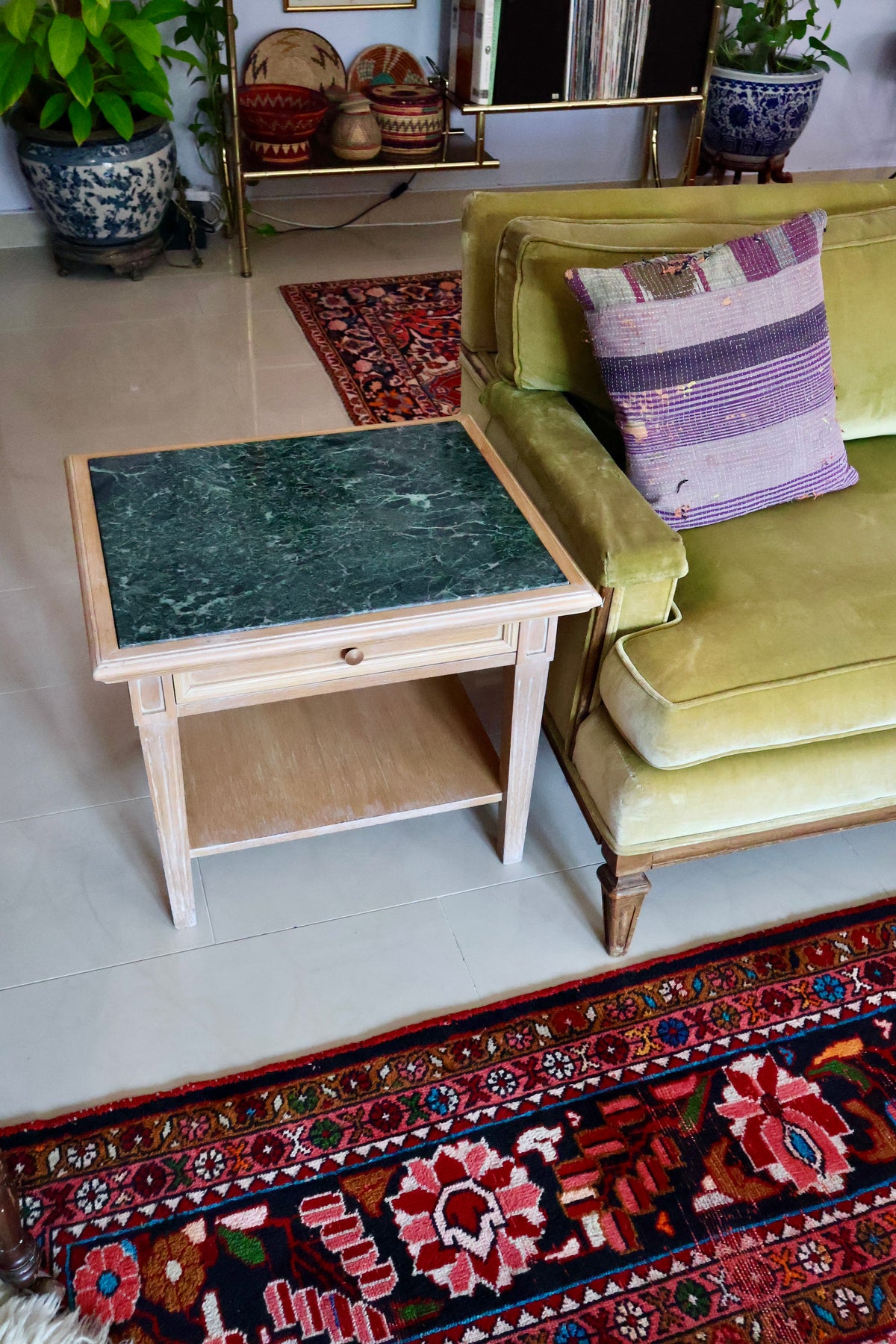 Vintage Solid Wood & Green Marble Side Tables – Pair
