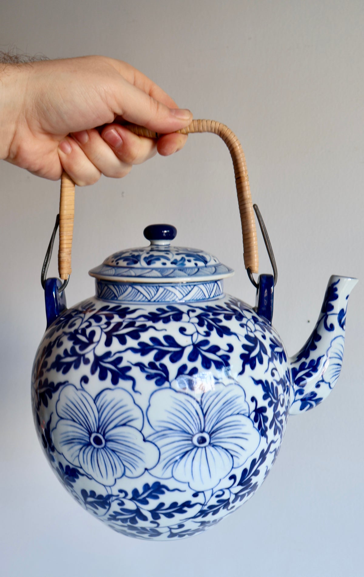 Vintage Chinese Blue & White Porcelain Teapot with Rattan Handle