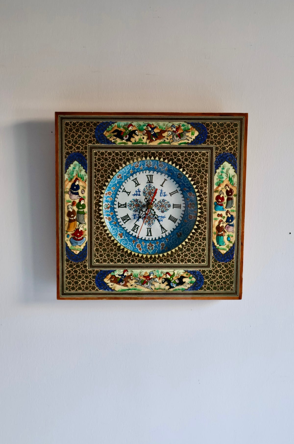 Vintage Persian Khatam Kari Wall Clock with Hand-Painted Miniatures