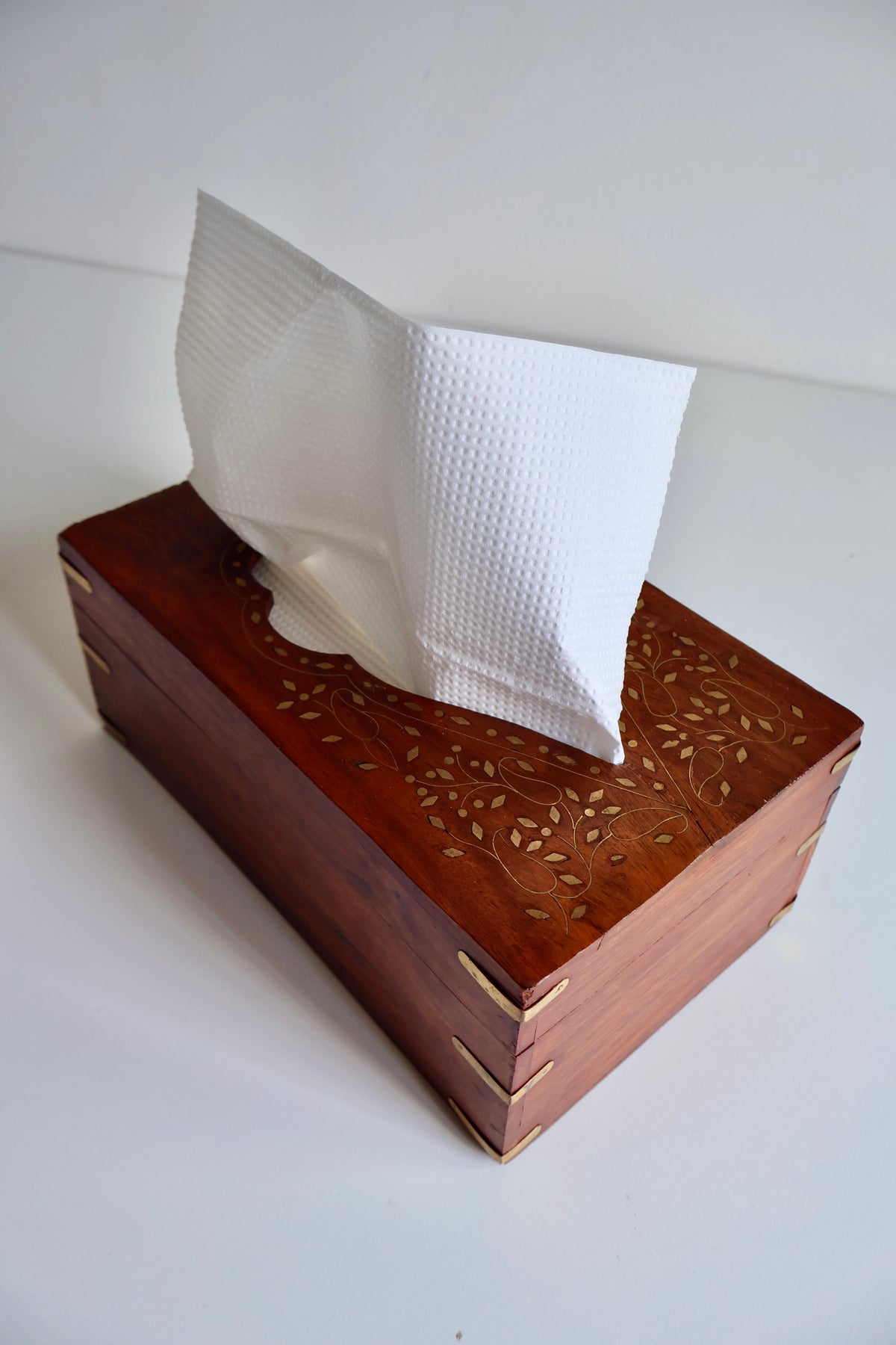 Vintage Rosewood Tissue Box with Brass Inlay