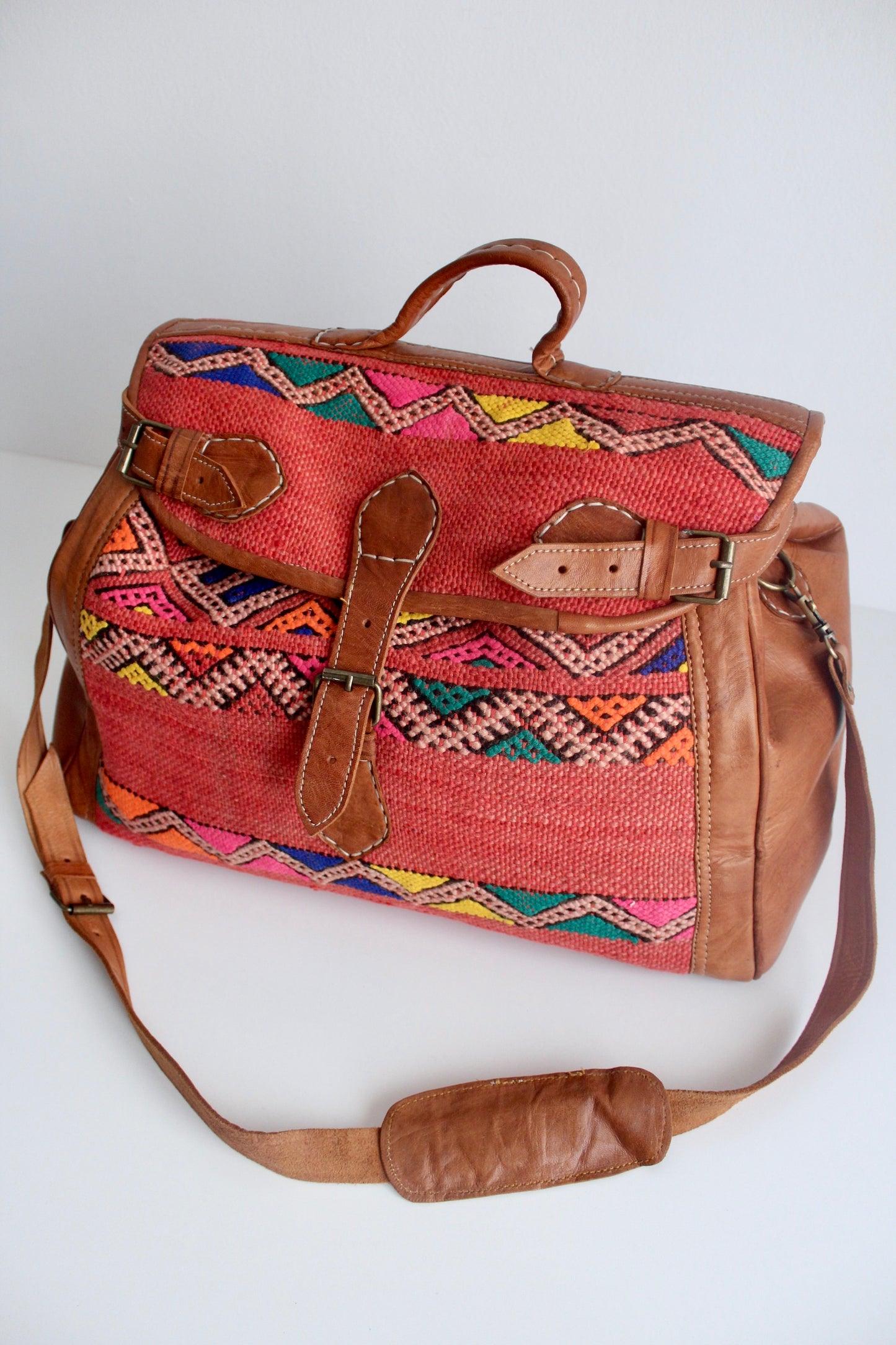 Moroccan Leather and Handwoven Kilim Weekender Bags