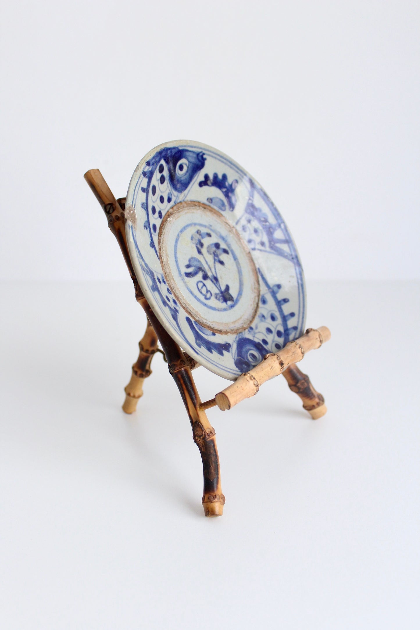 Small Antique Chinese Plate with Bamboo Stand
