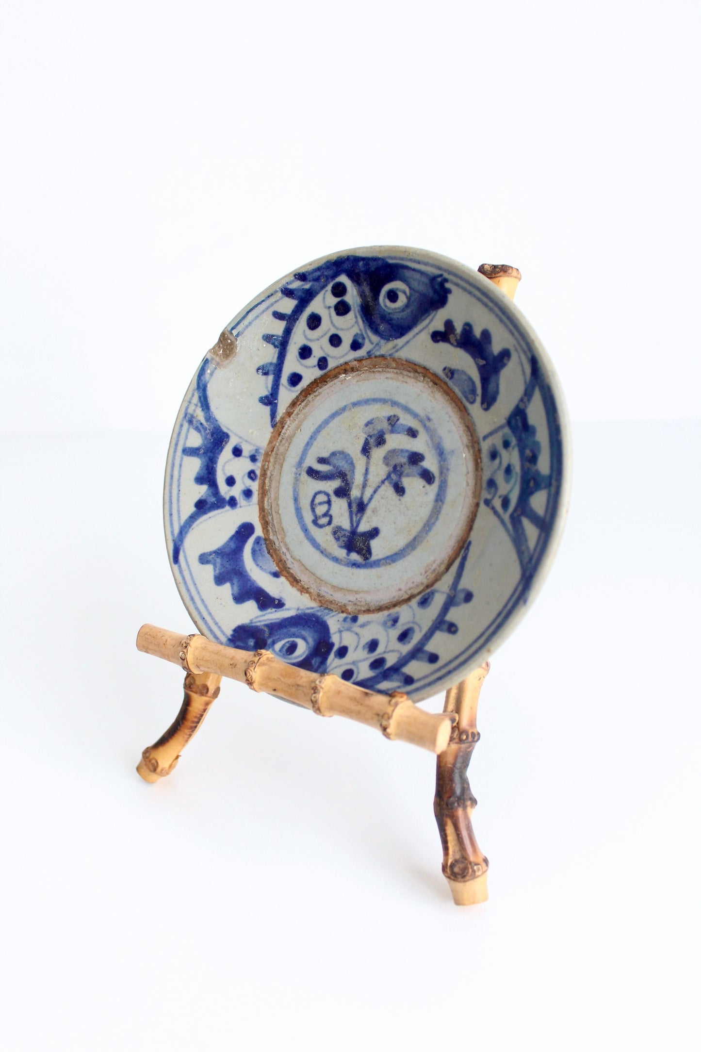 Small Antique Chinese Plate with Bamboo Stand