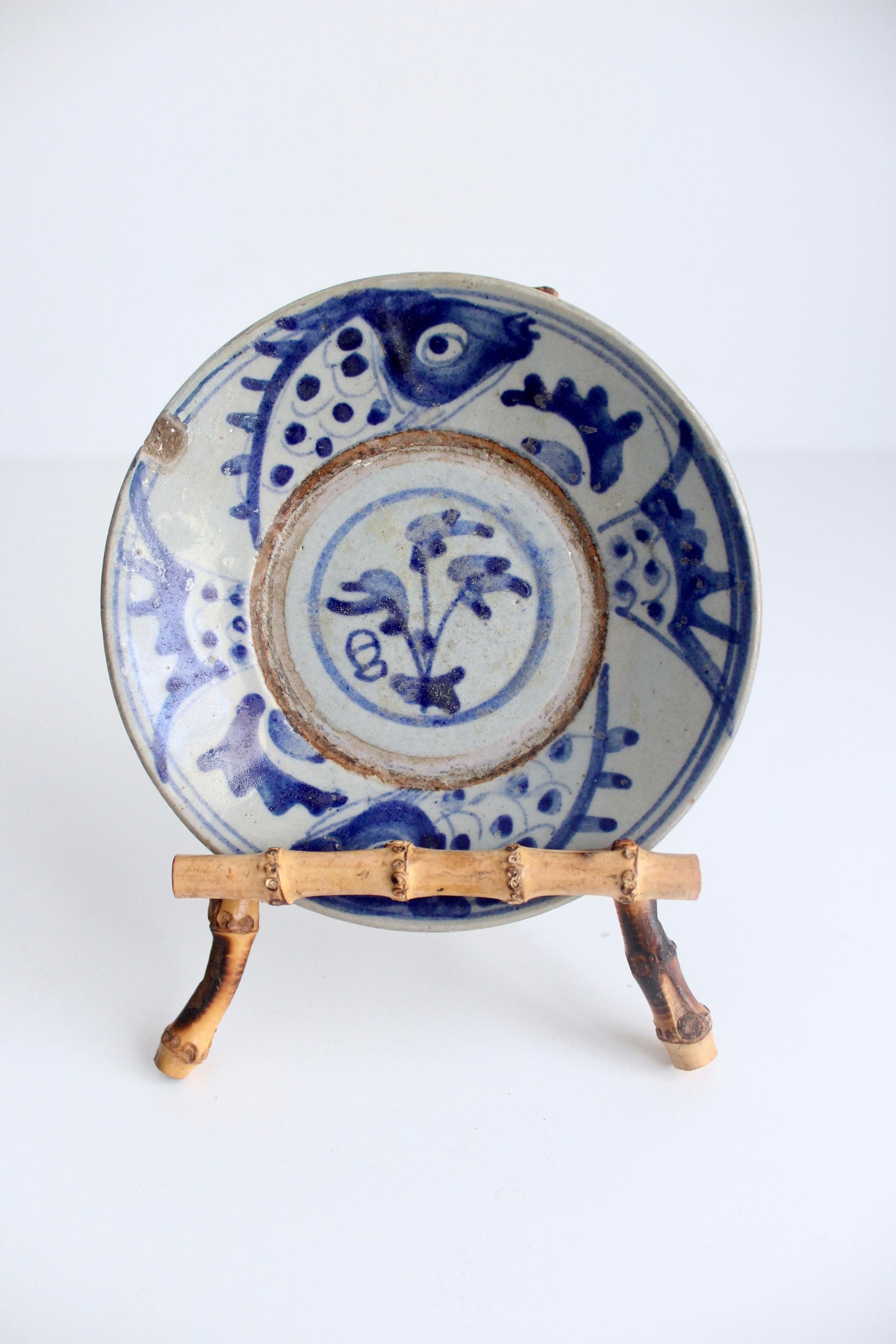 Small Antique Chinese Plate with Bamboo Stand