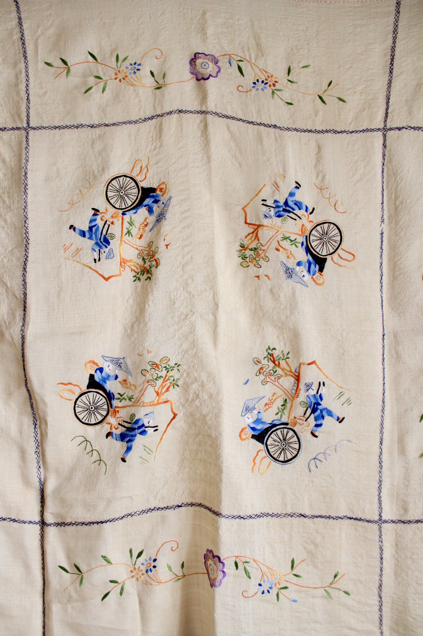 Antique 1930s-1940s Chinoiserie Linen Blend Table Cloth