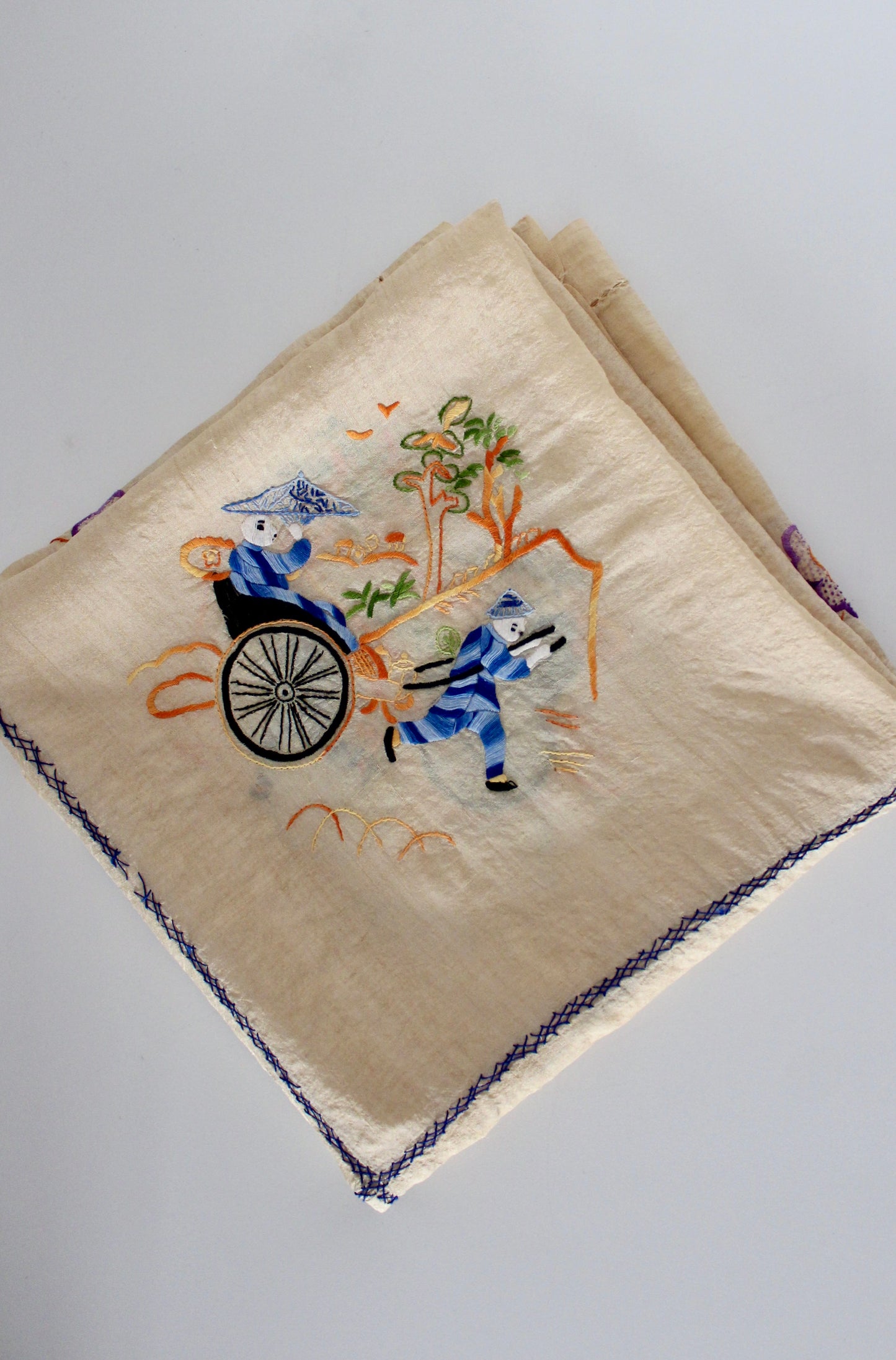 Antique 1930s-1940s Chinoiserie Linen Blend Table Cloth