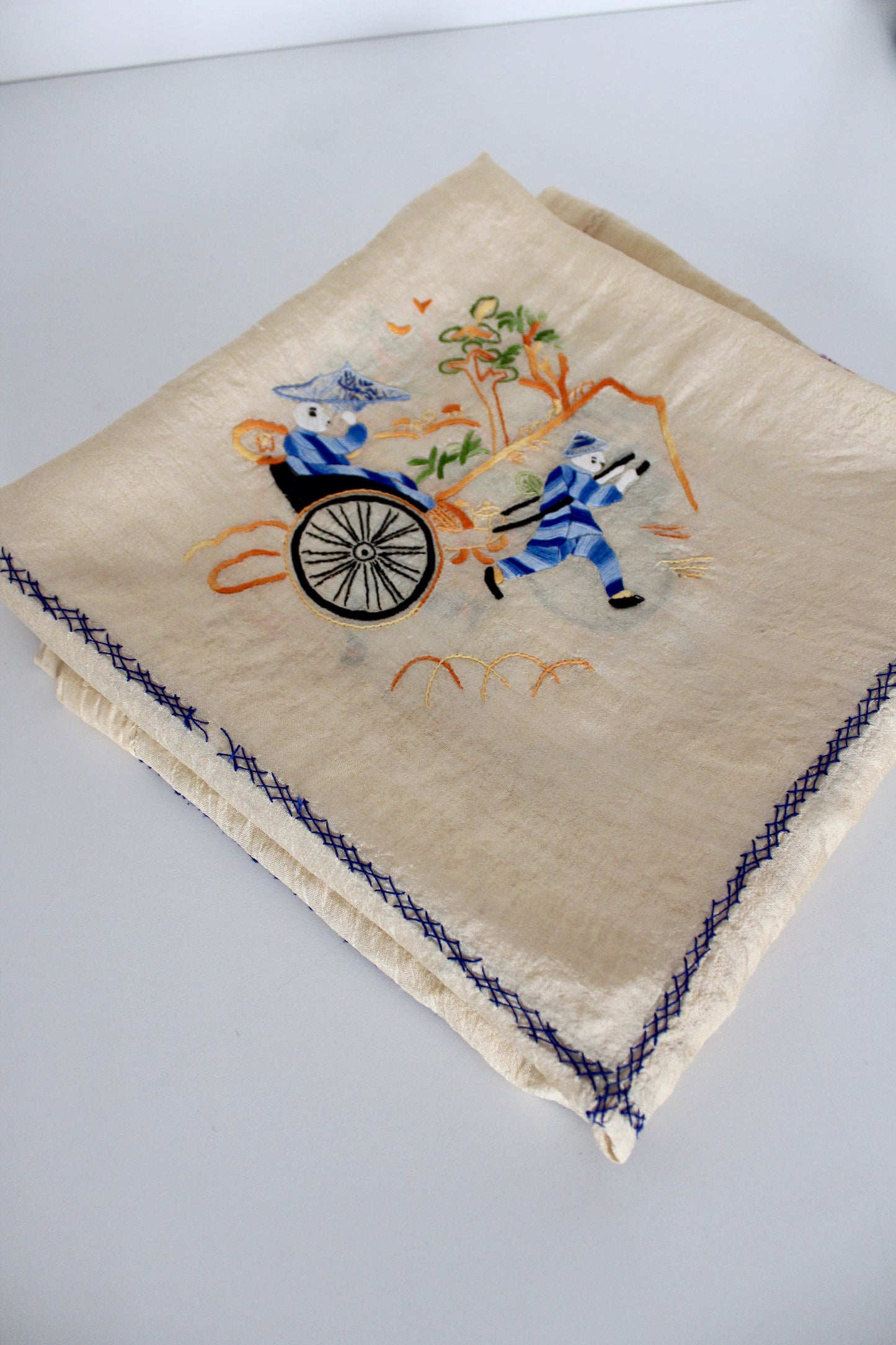Antique 1930s-1940s Chinoiserie Linen Blend Table Cloth