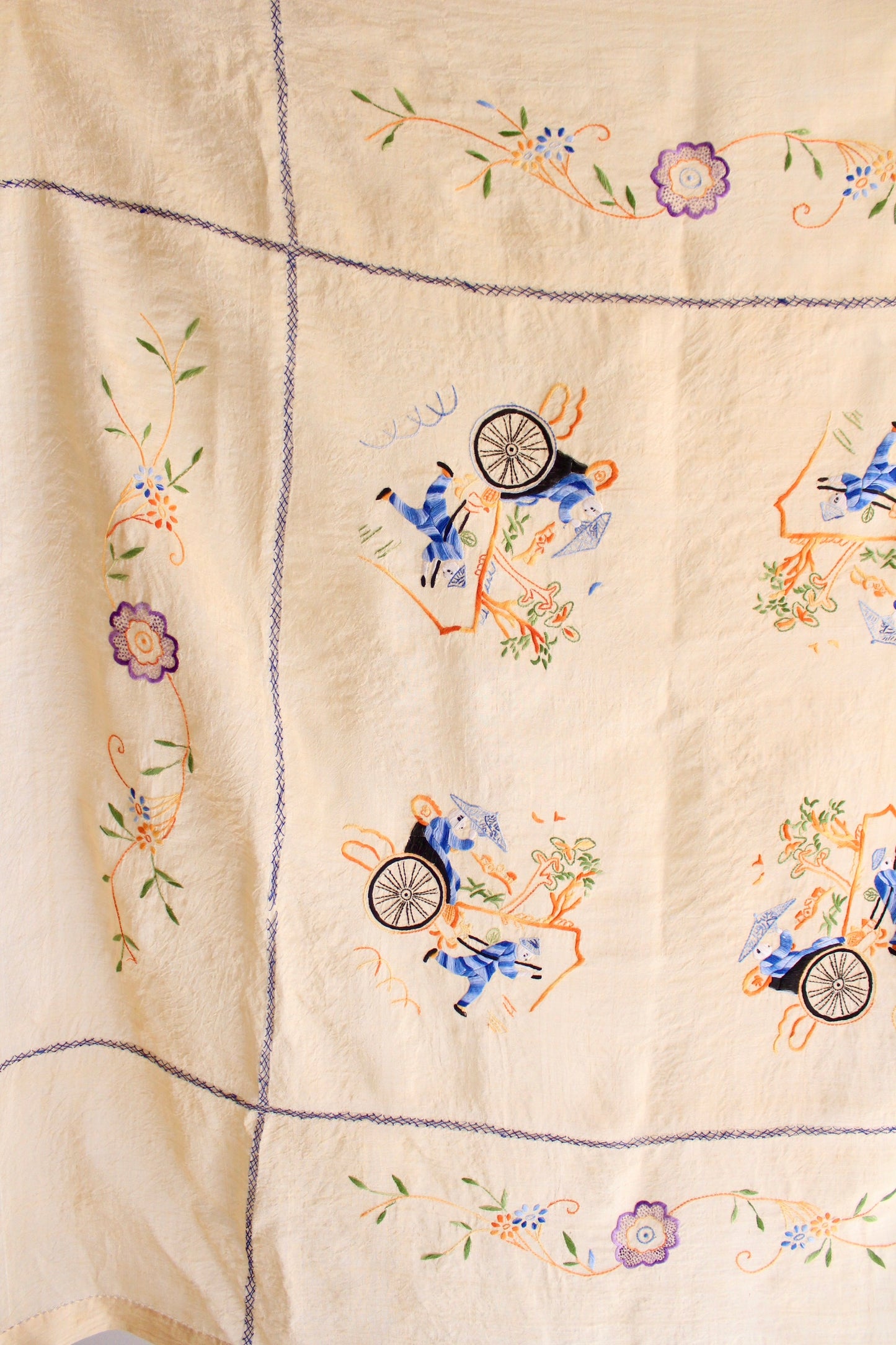 Antique 1930s-1940s Chinoiserie Linen Blend Table Cloth
