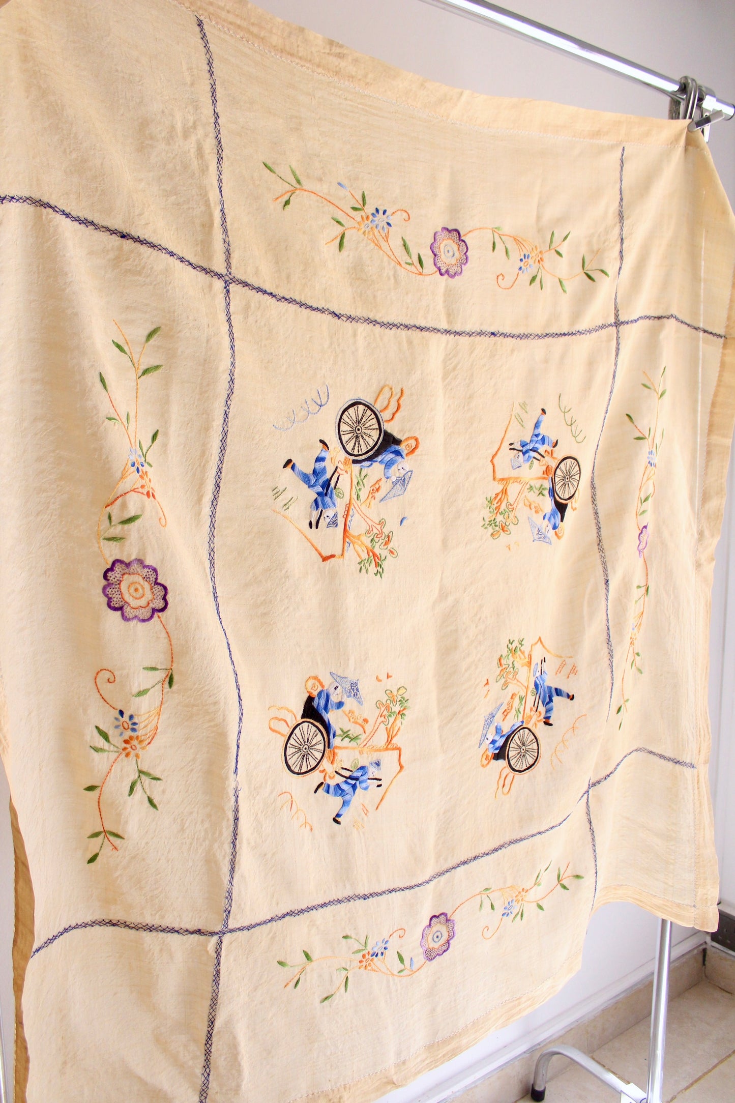 Antique 1930s-1940s Chinoiserie Linen Blend Table Cloth