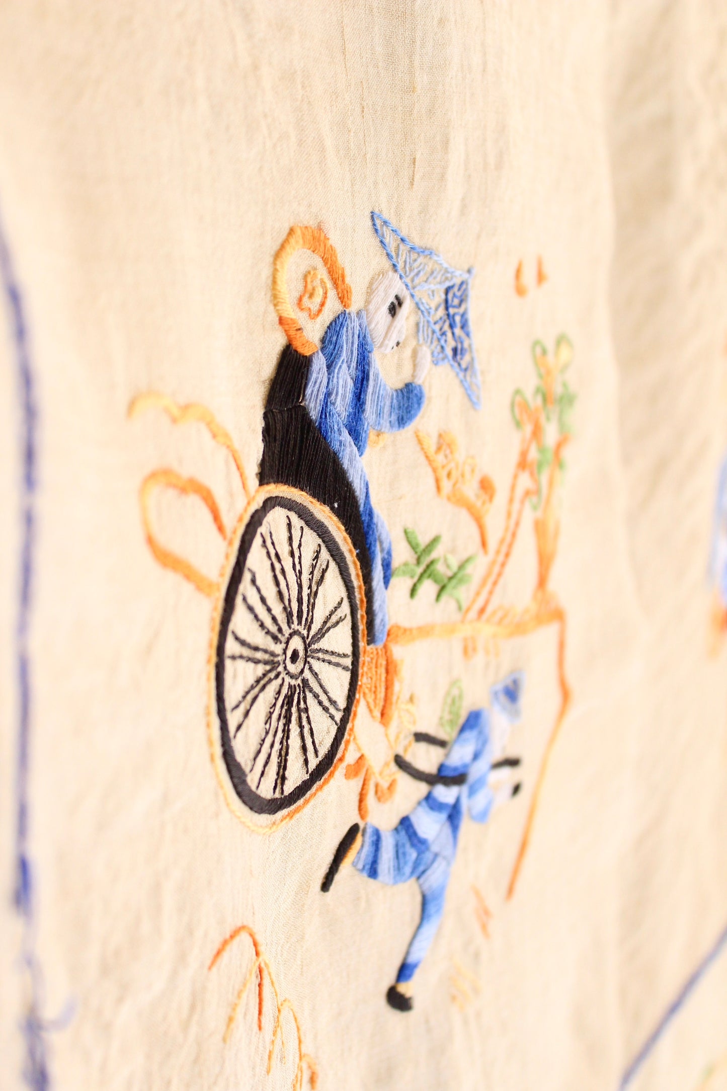 Antique 1930s-1940s Chinoiserie Linen Blend Table Cloth