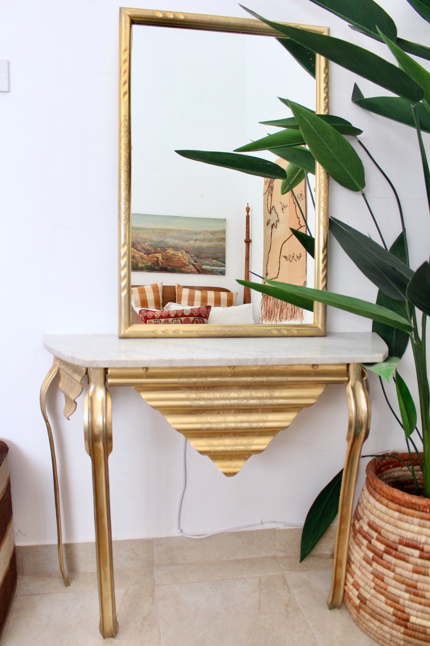 Vintage Brass and Marble Persian Entry Table and Mirror