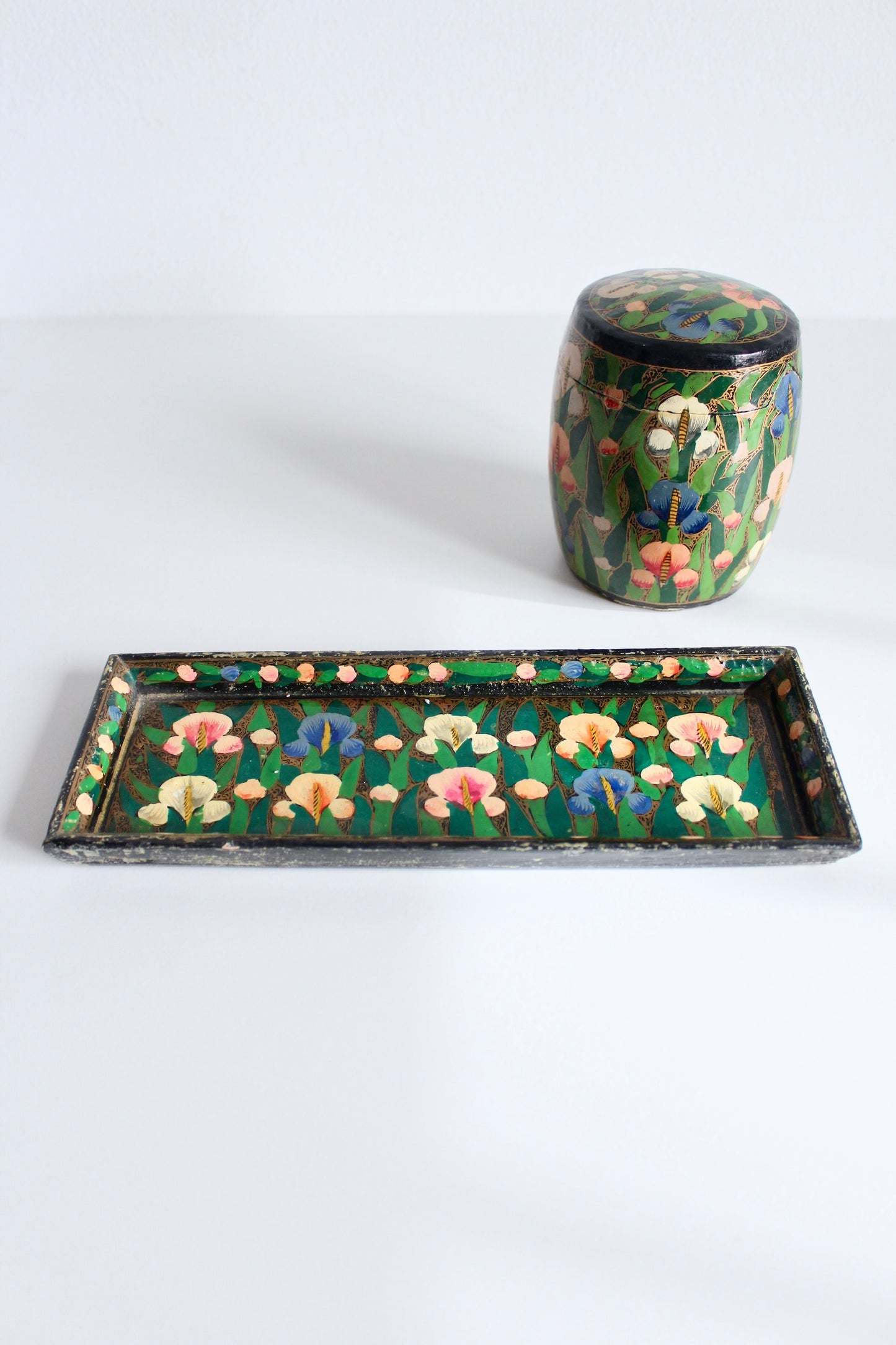 Vintage Handpainted Kashmiri Papier-Mache Tray and Jar