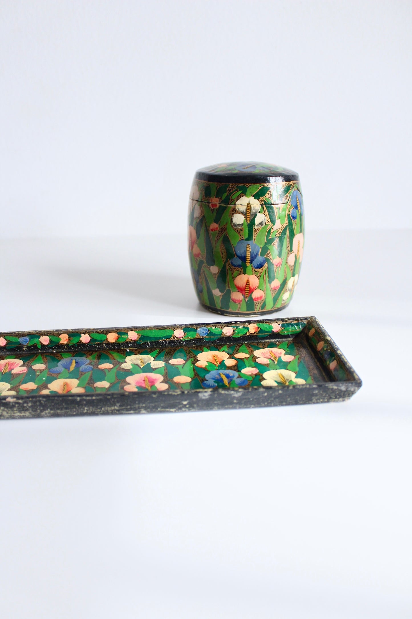 Vintage Handpainted Kashmiri Papier-Mache Tray and Jar