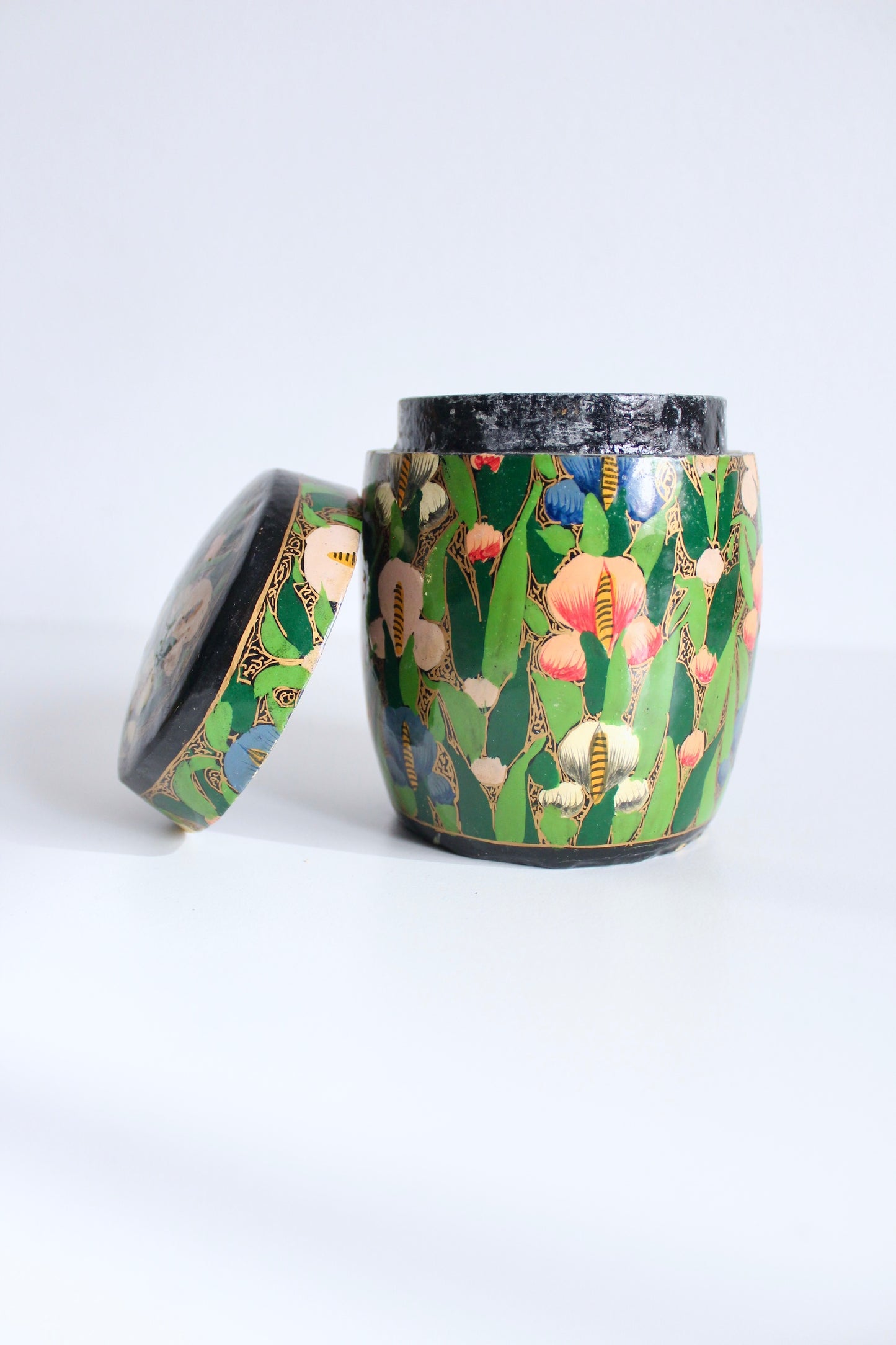 Vintage Handpainted Kashmiri Papier-Mache Tray and Jar