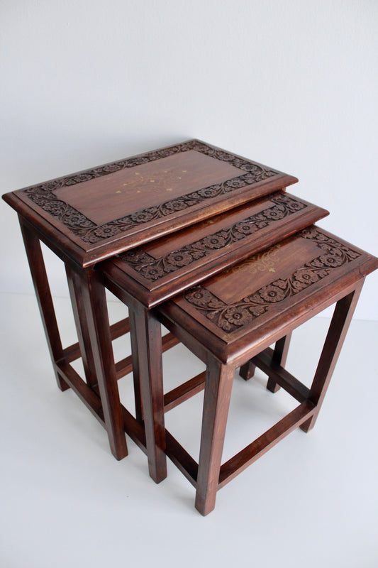 Vintage Rosewood Pakistani Carved Nesting Tables