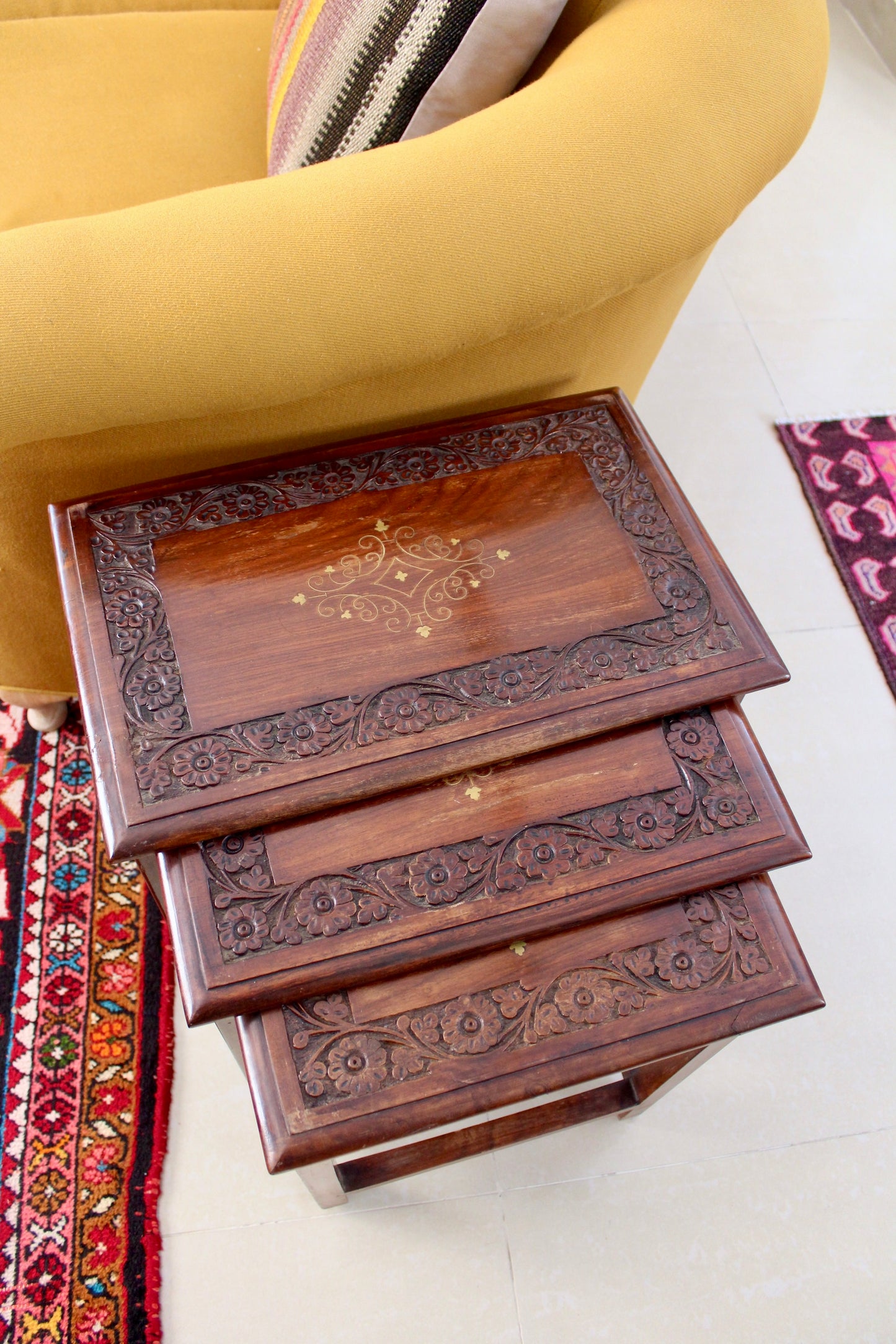 Vintage Rosewood Pakistani Carved Nesting Tables