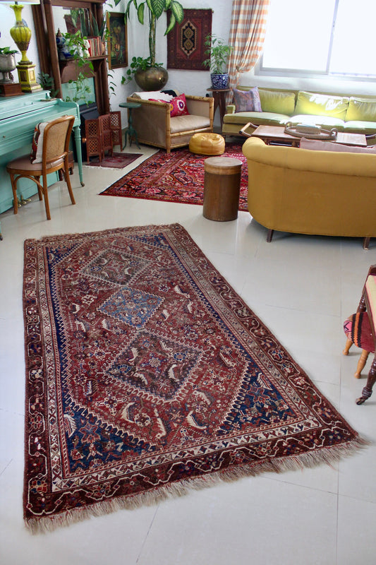 Antique Persian Qashqai Carpet 80-100 Yrs Old - 132x245